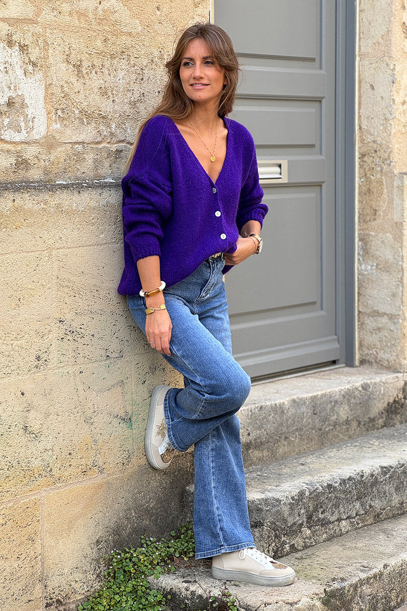 Purple Mother of Pearl Button through V-Neck Cardigan