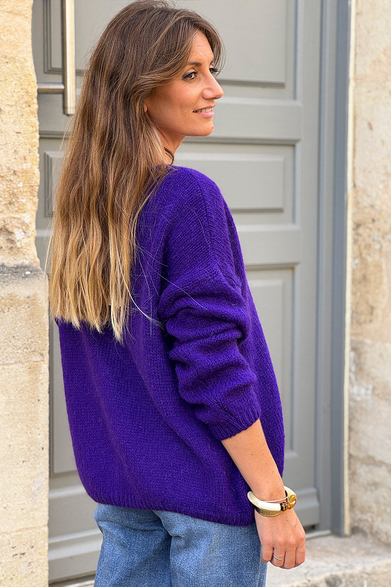 Purple Mother of Pearl Button through V-Neck Cardigan