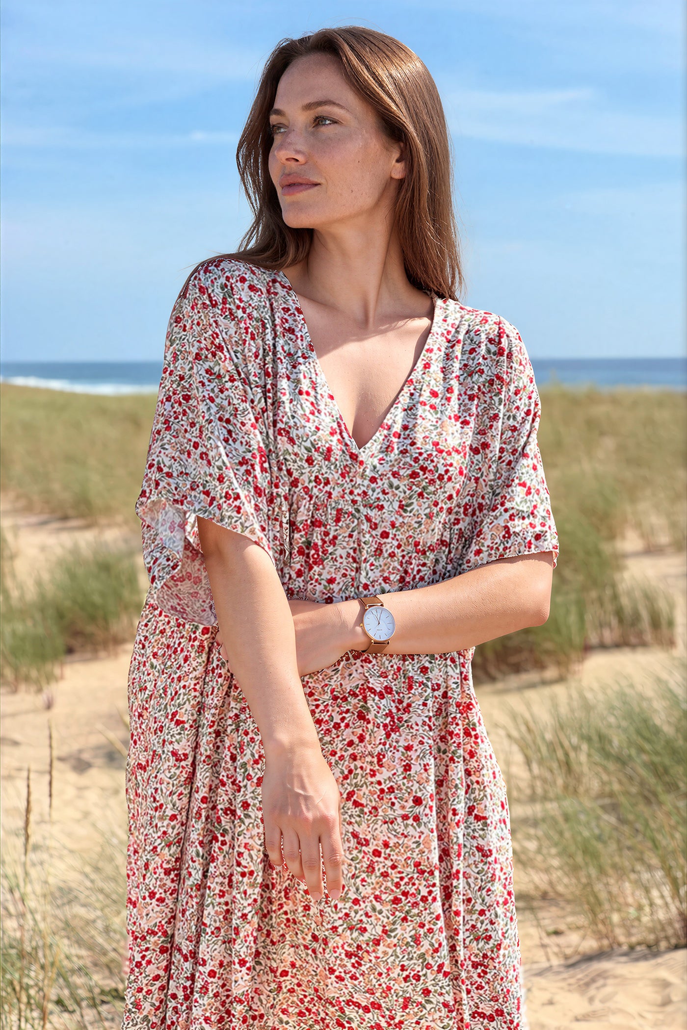 Red Ditsy Floral V-Neck Butterfly Sleeve Maxi Dress