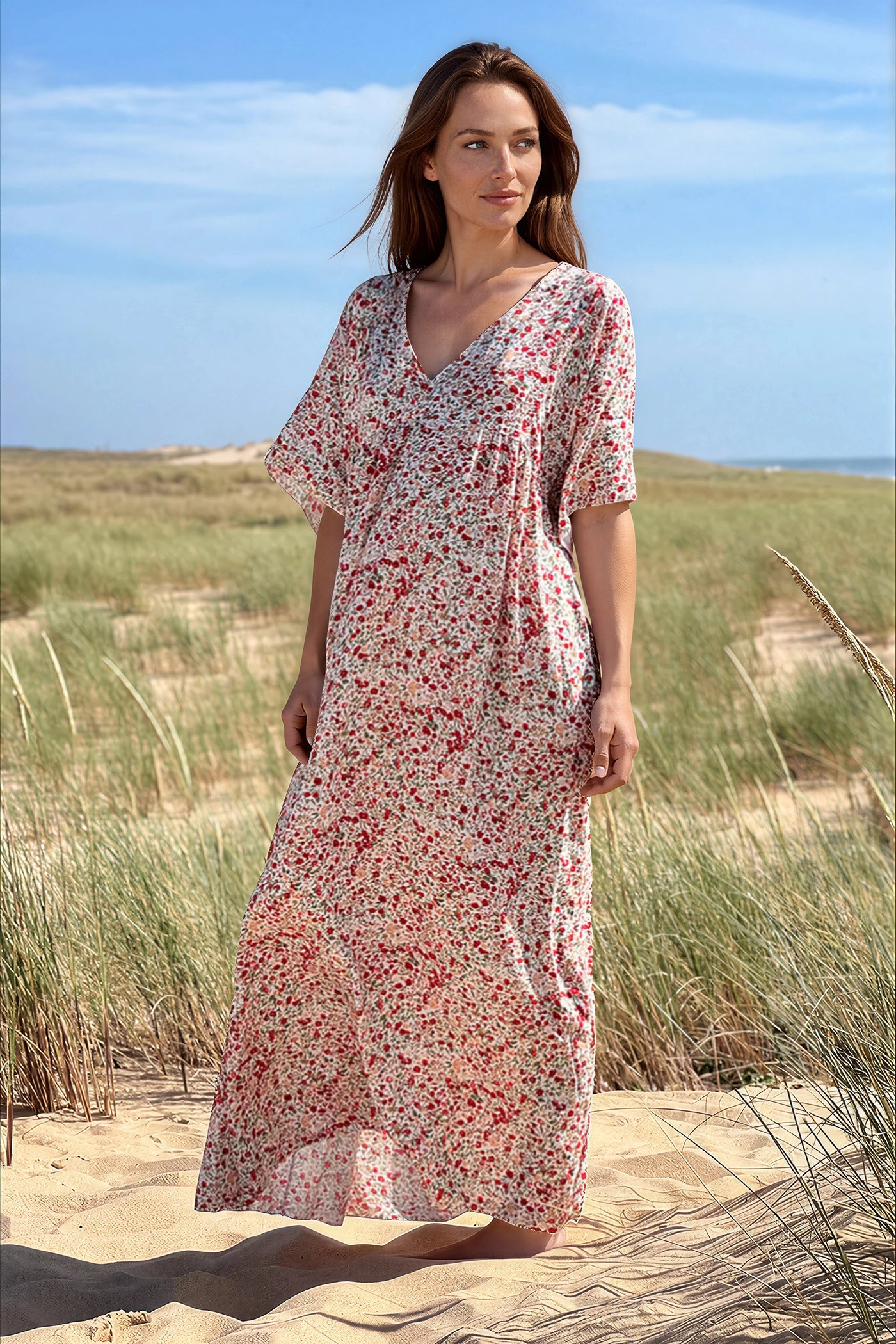 Red Ditsy Floral V-Neck Butterfly Sleeve Maxi Dress