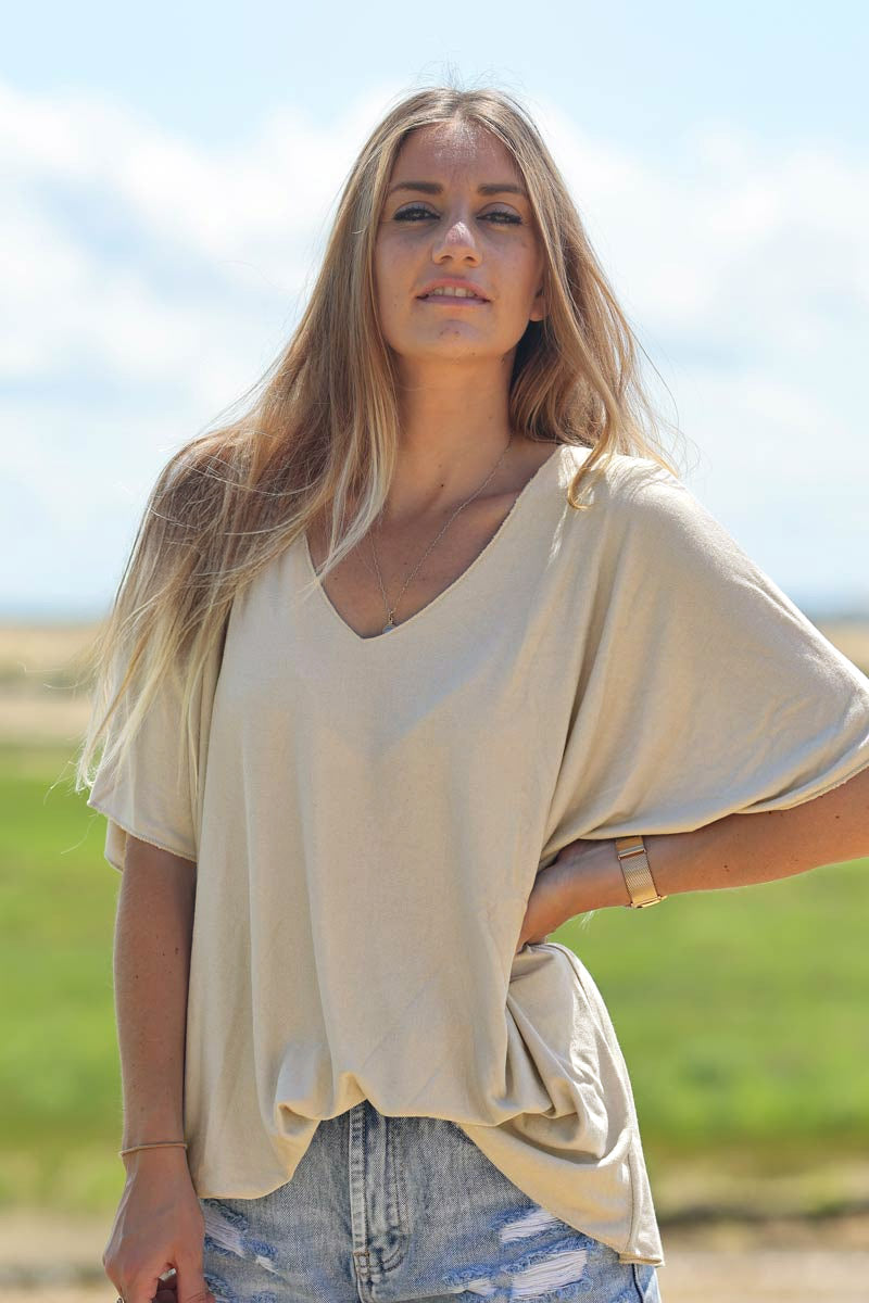 Relaxed Fit Beige V-neck Top