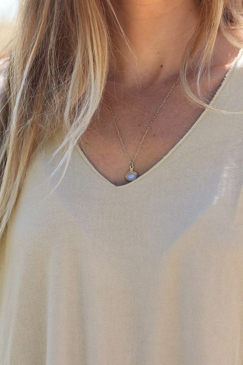 Relaxed Fit Beige V-neck Top