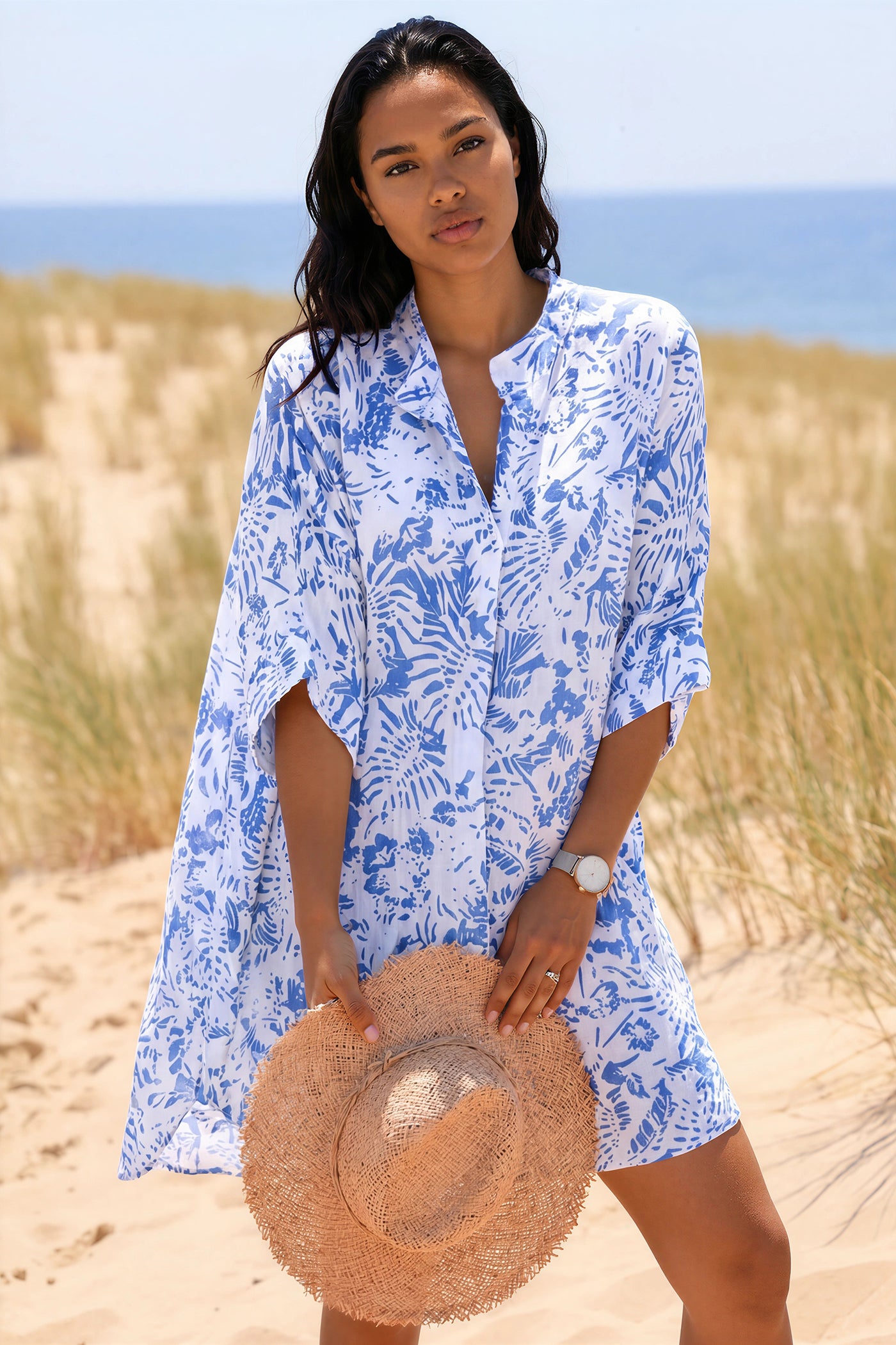 Relaxed Fit Blue Island Print Cotton Dress