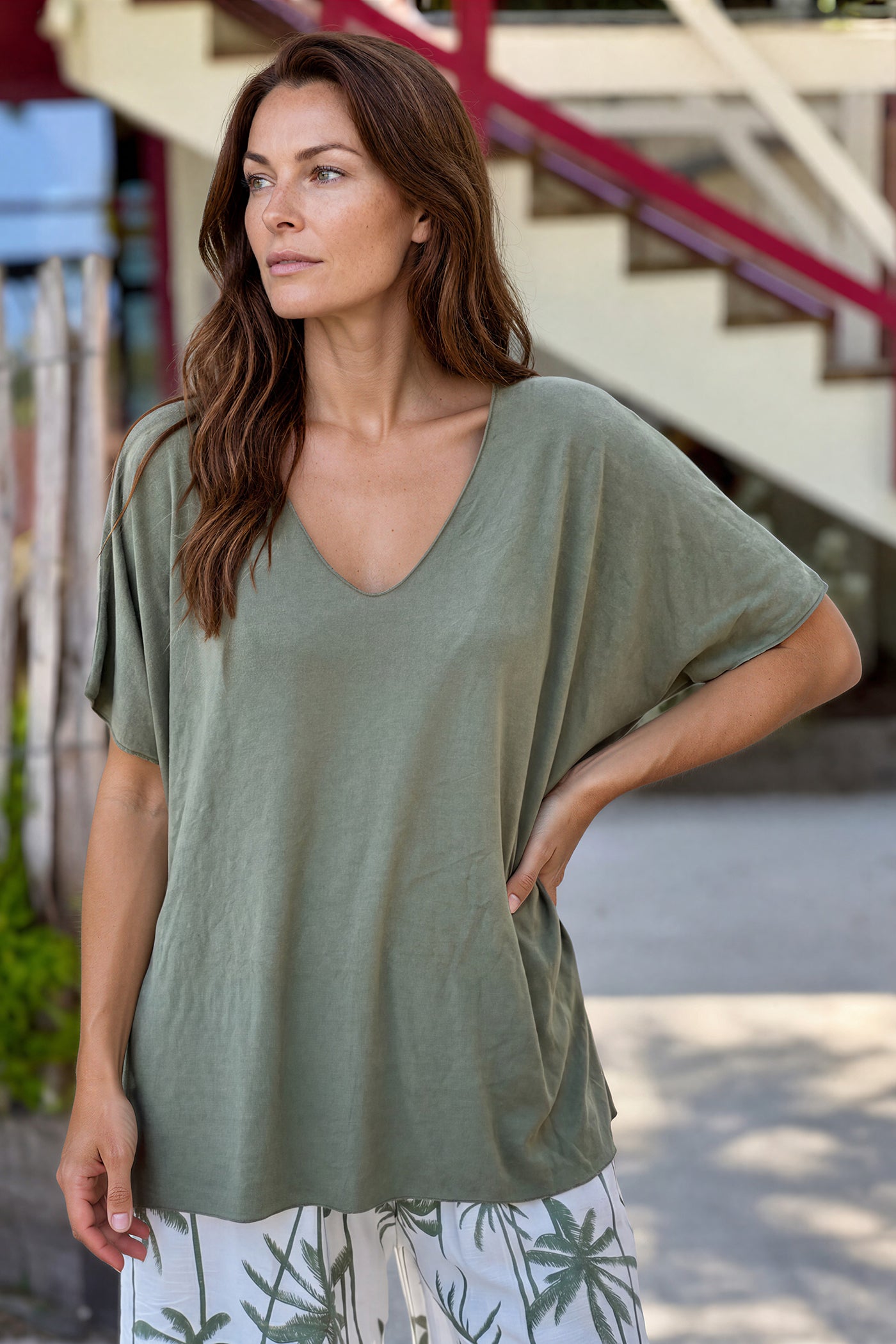 Relaxed Fit Olive V-neck Top
