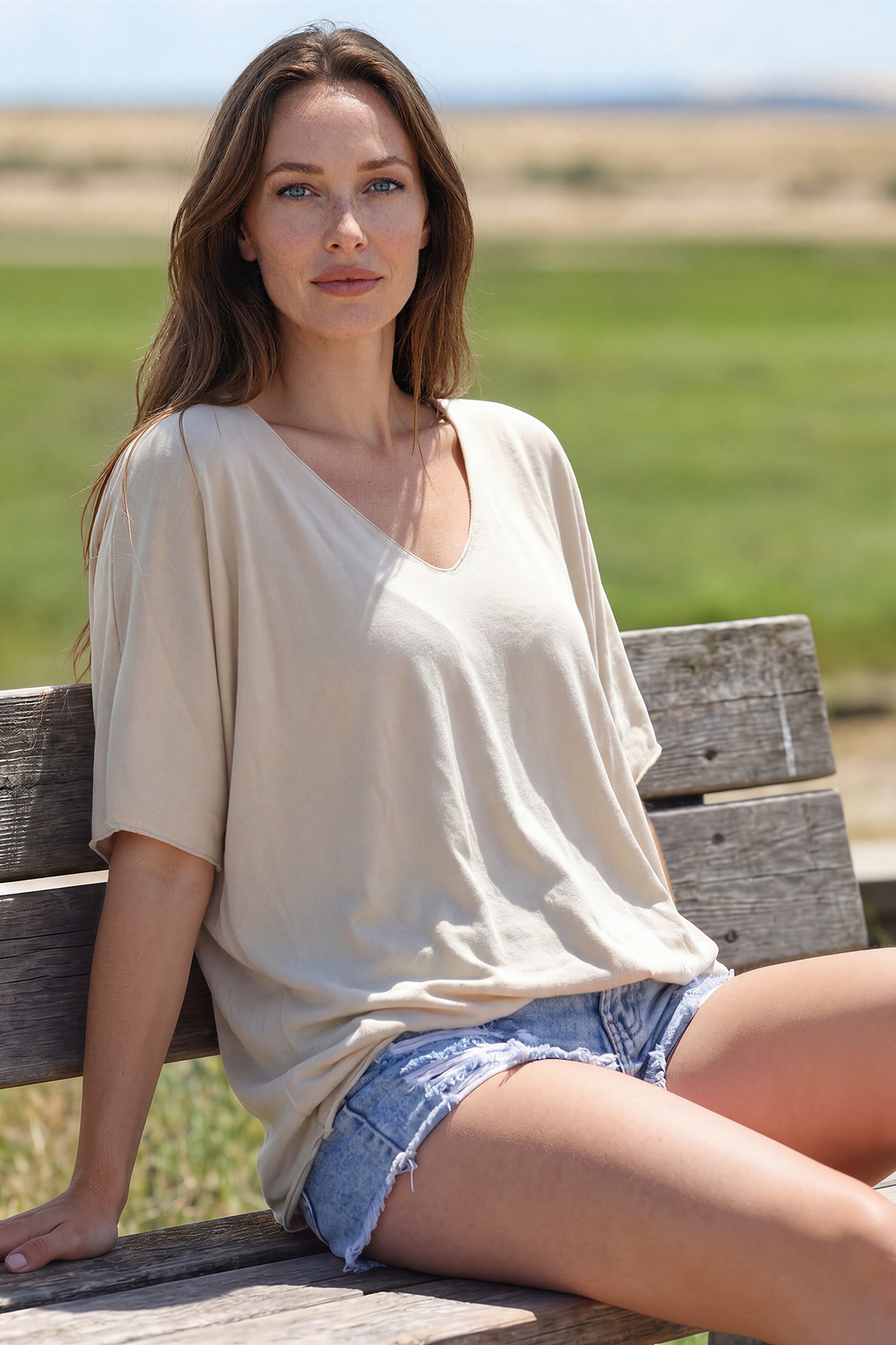 Relaxed fit beige v-neck top