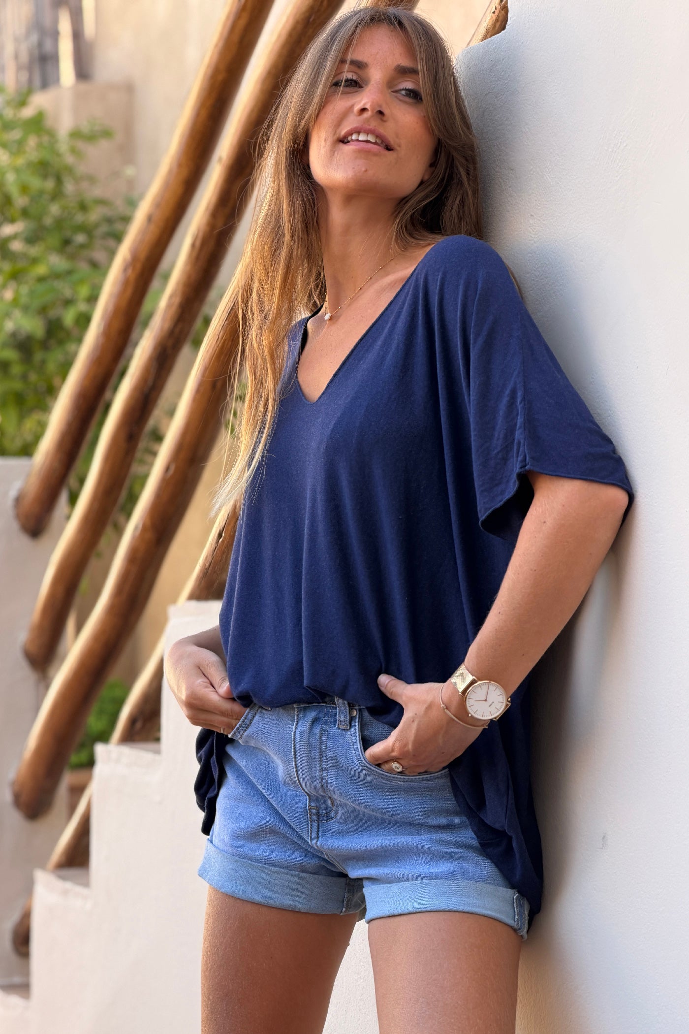 Relaxed fit navy blue v-neck top
