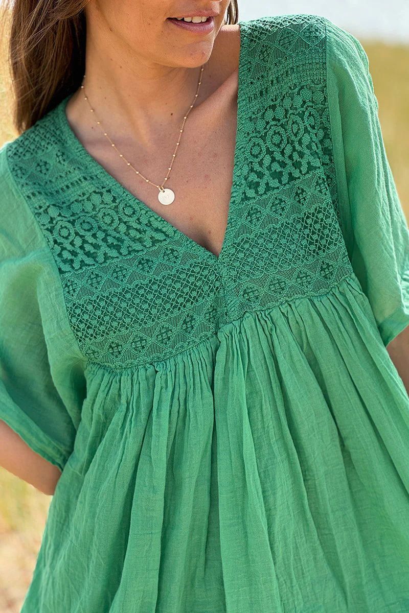Green Floaty Cotton Dress with Lace Top