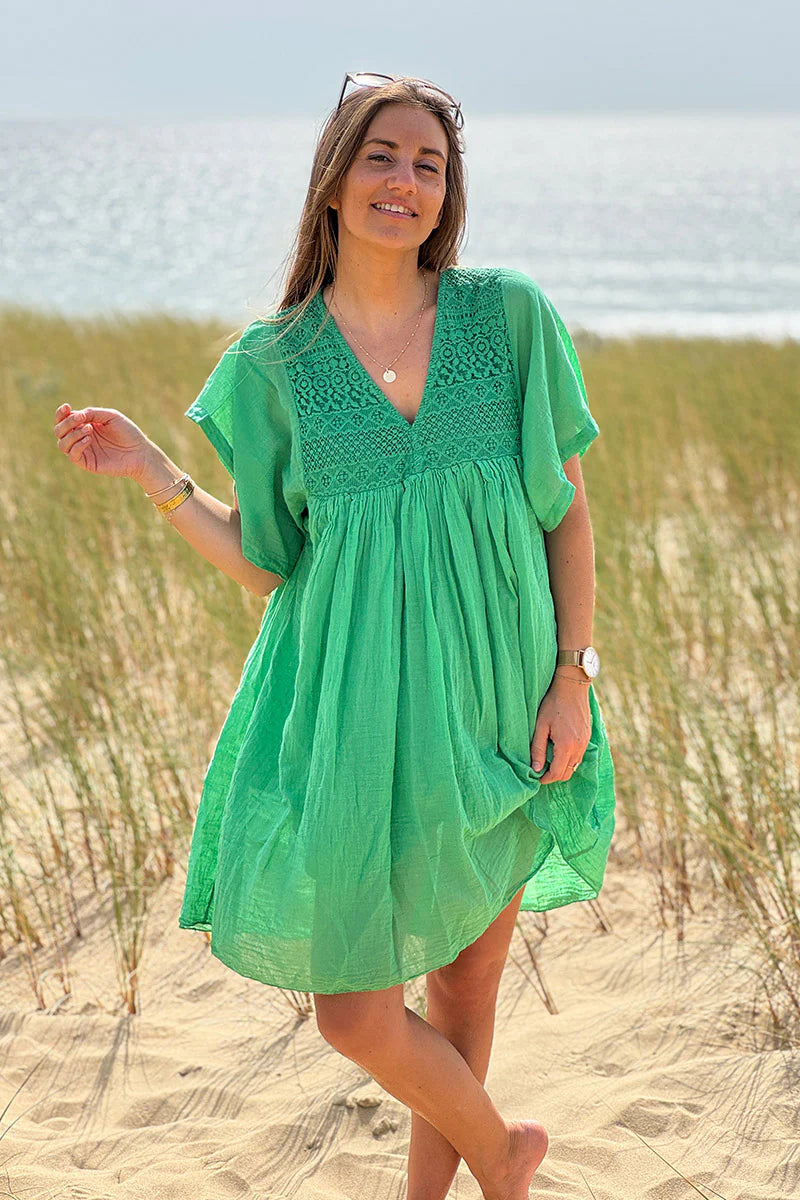 Green Floaty Cotton Dress with Lace Top