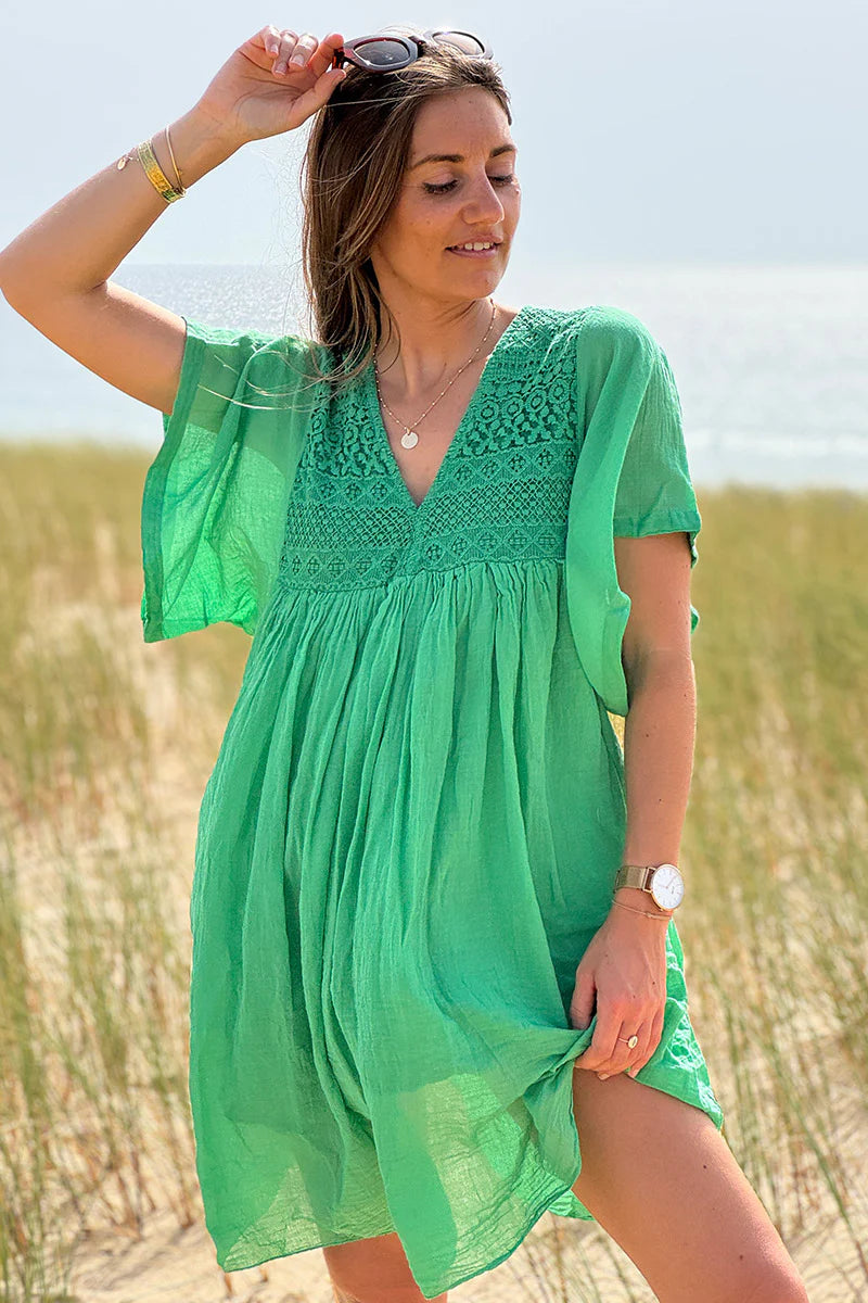 Green Floaty Cotton Dress with Lace Top - Horizons Lointains US Green Floaty Cotton Dress with Lace Top - Horizons Lointains US