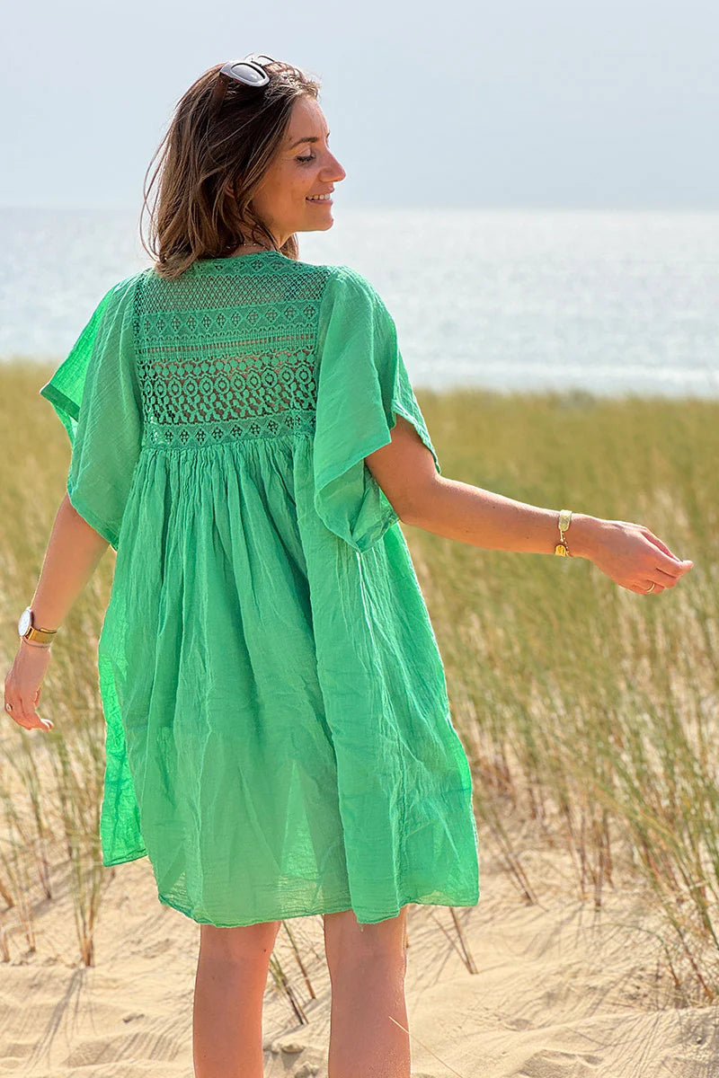 Green Floaty Cotton Dress with Lace Top