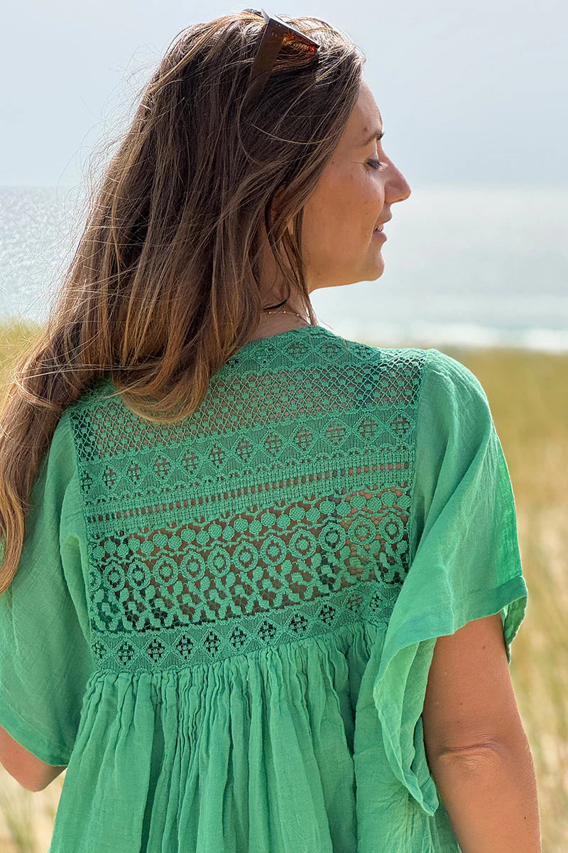 Green Floaty Cotton Dress with Lace Top