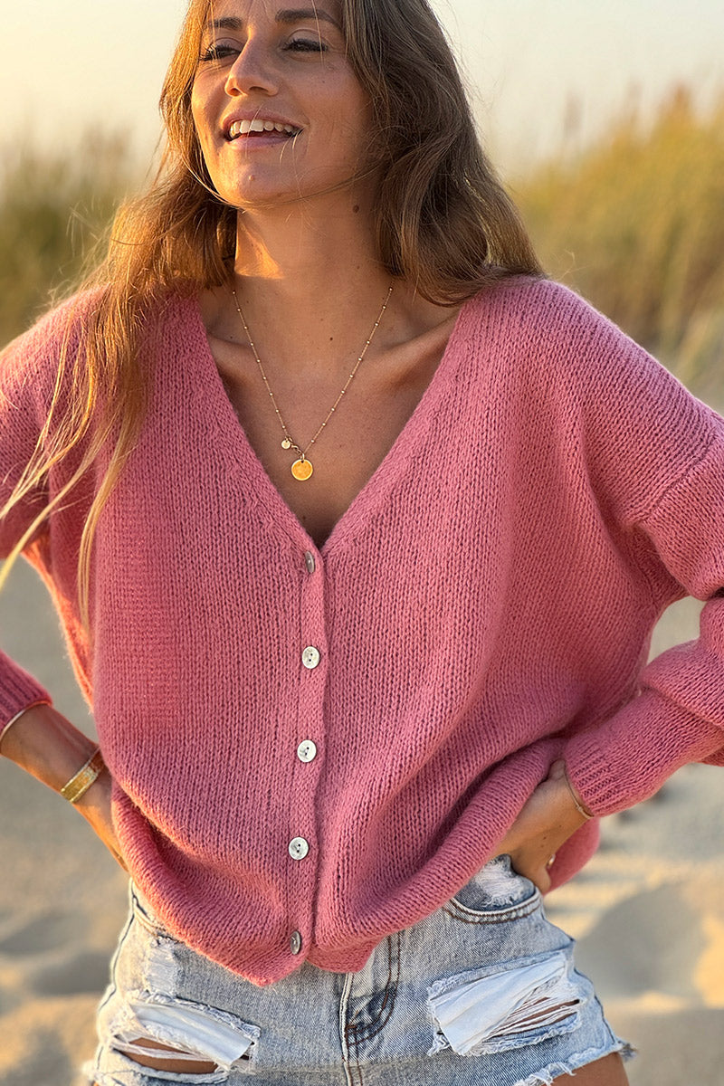 Rosewood Mother of Pearl Button through V-Neck Cardigan