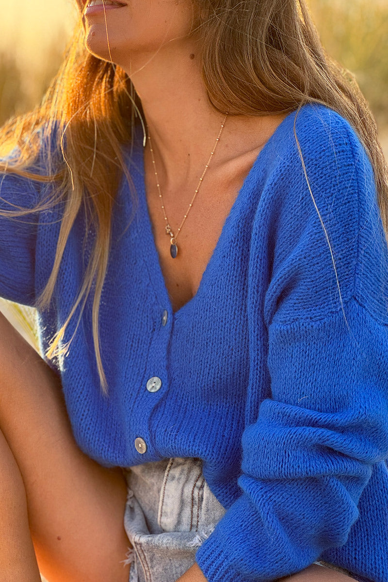 Royal Blue Mother of Pearl Button through V-Neck Cardigan