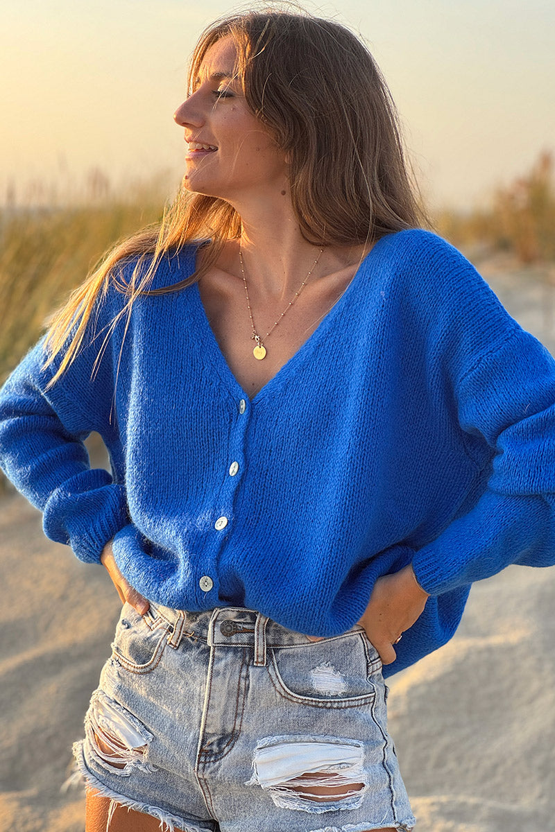 Royal Blue Mother of Pearl Button through V-Neck Cardigan
