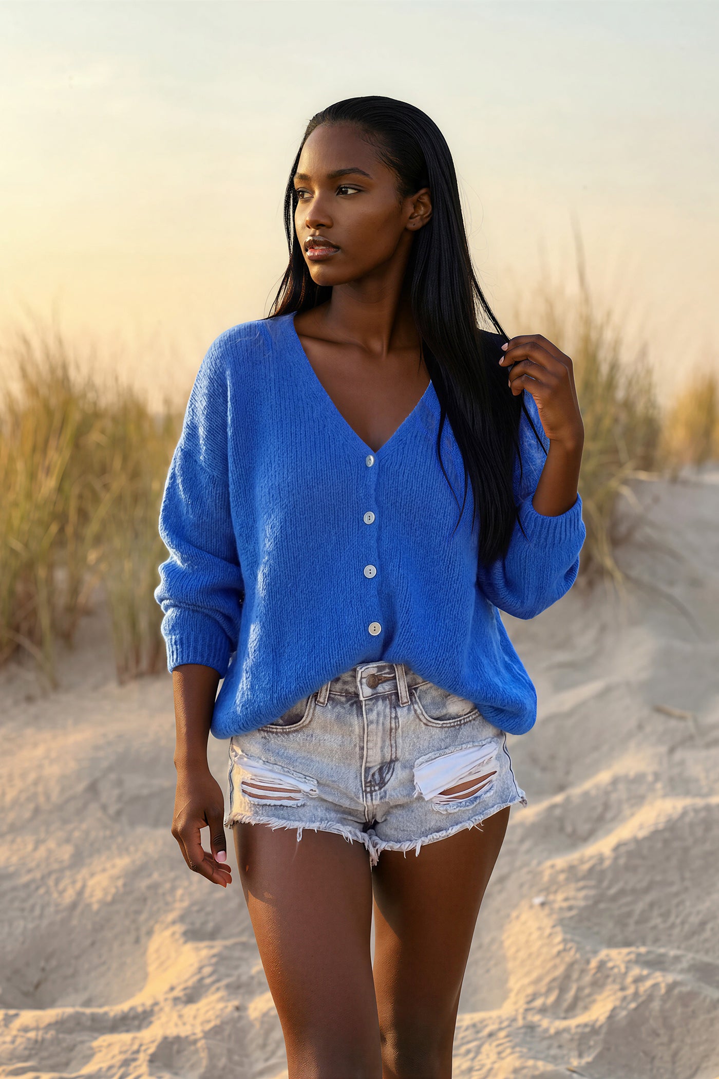 Royal Blue Mother of Pearl Button through V-Neck Cardigan