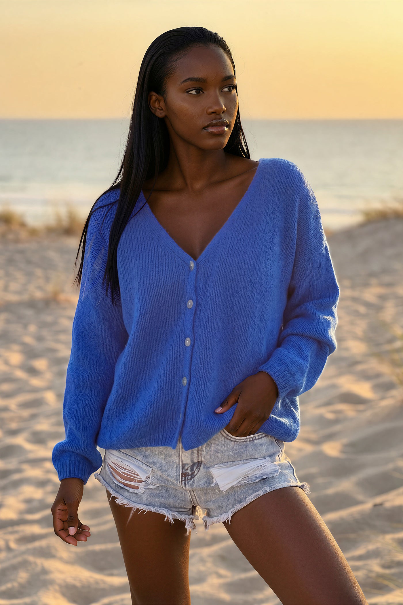 Royal Blue Mother of Pearl Button through V-Neck Cardigan
