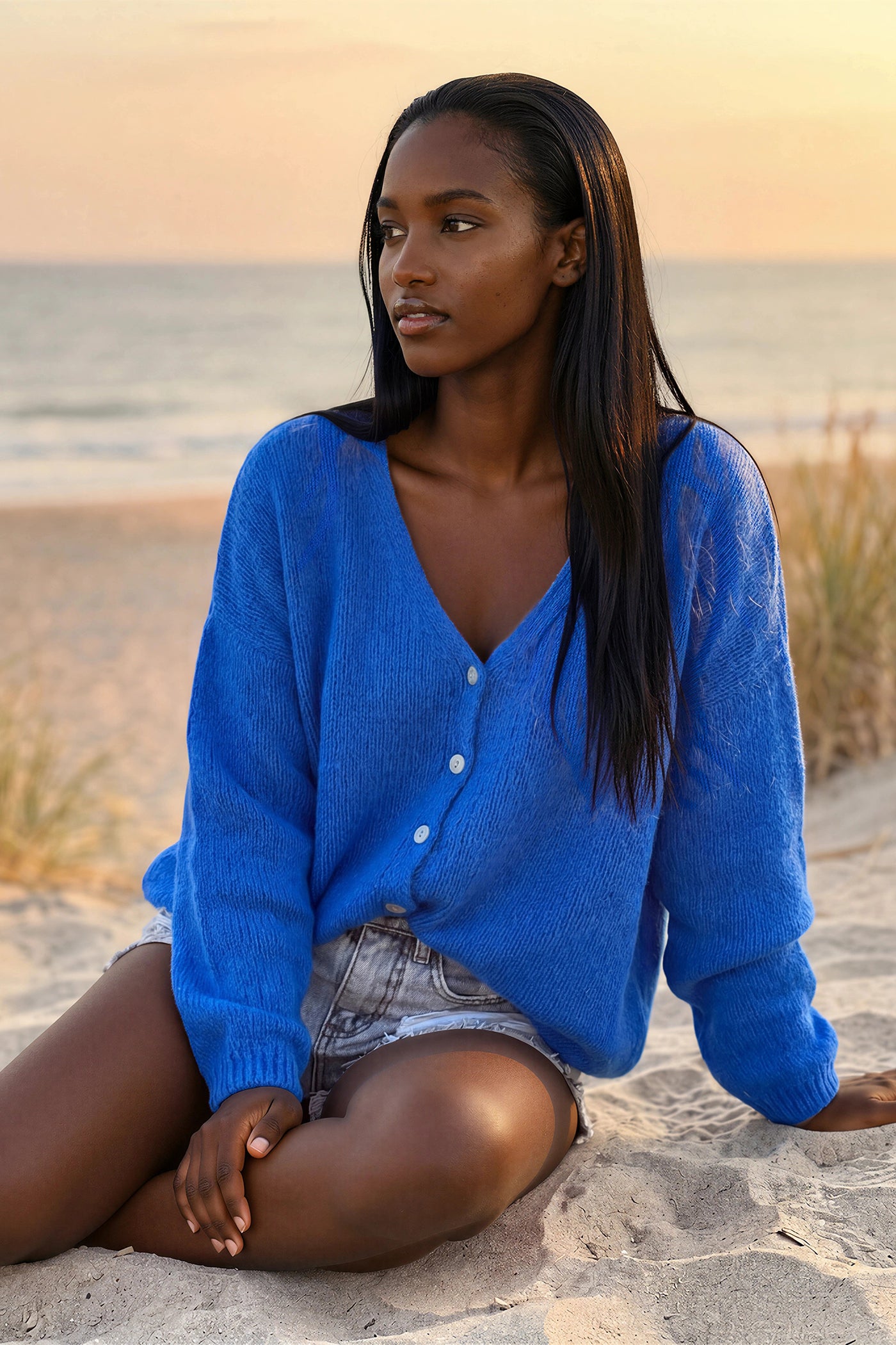 Royal Blue Mother of Pearl Button through V-Neck Cardigan