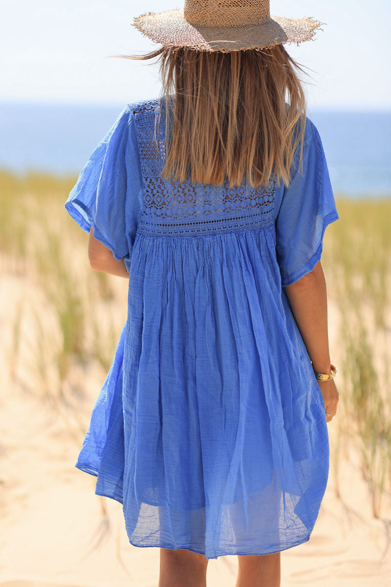 Royal blue floaty cotton dress with lace detail