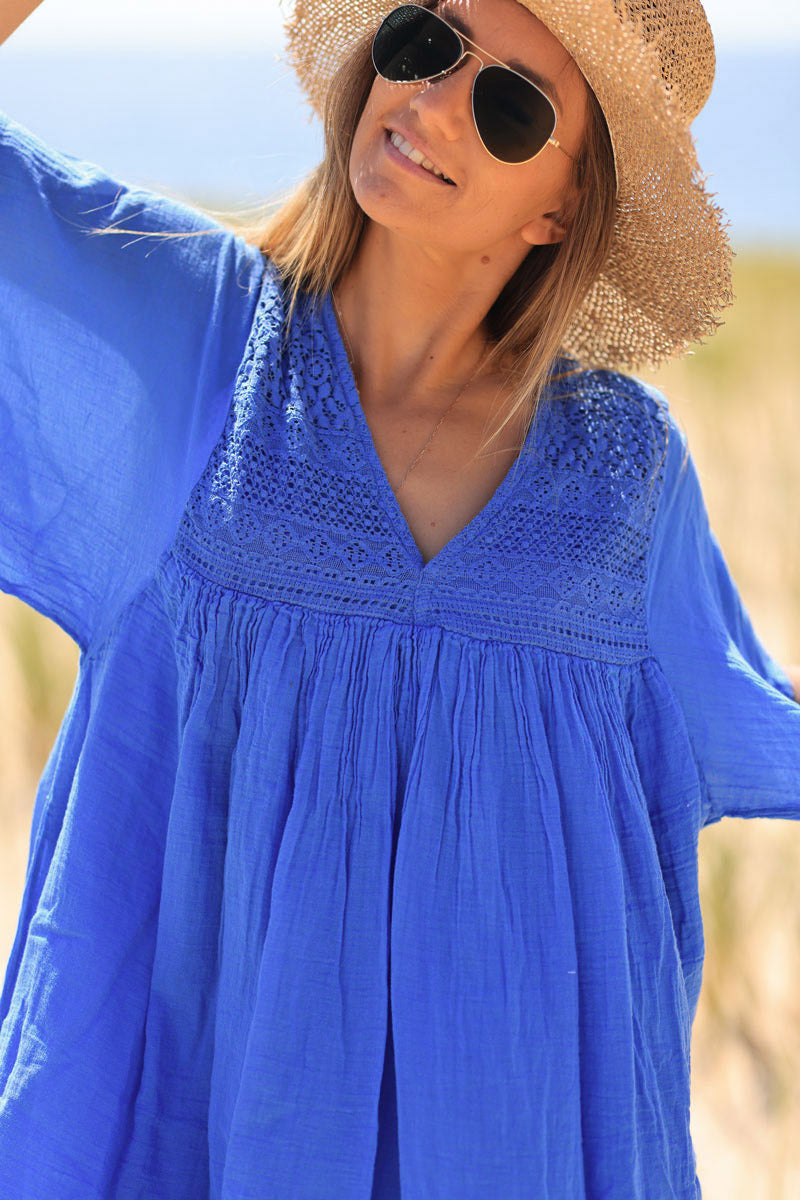 Royal blue floaty cotton dress with lace detail
