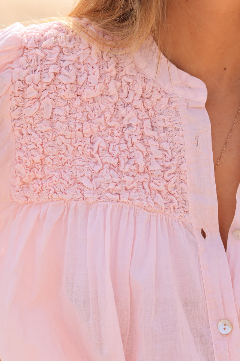 Smocked Light Pink Floaty Blouse with Mother of Pearl Buttons