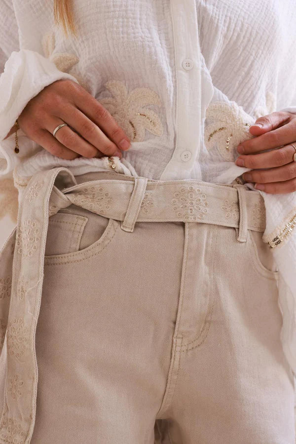 Beige Scalloped Hem Embroidered Denim Shorts