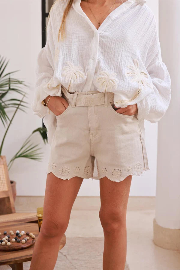 Beige Scalloped Hem Embroidered Denim Shorts