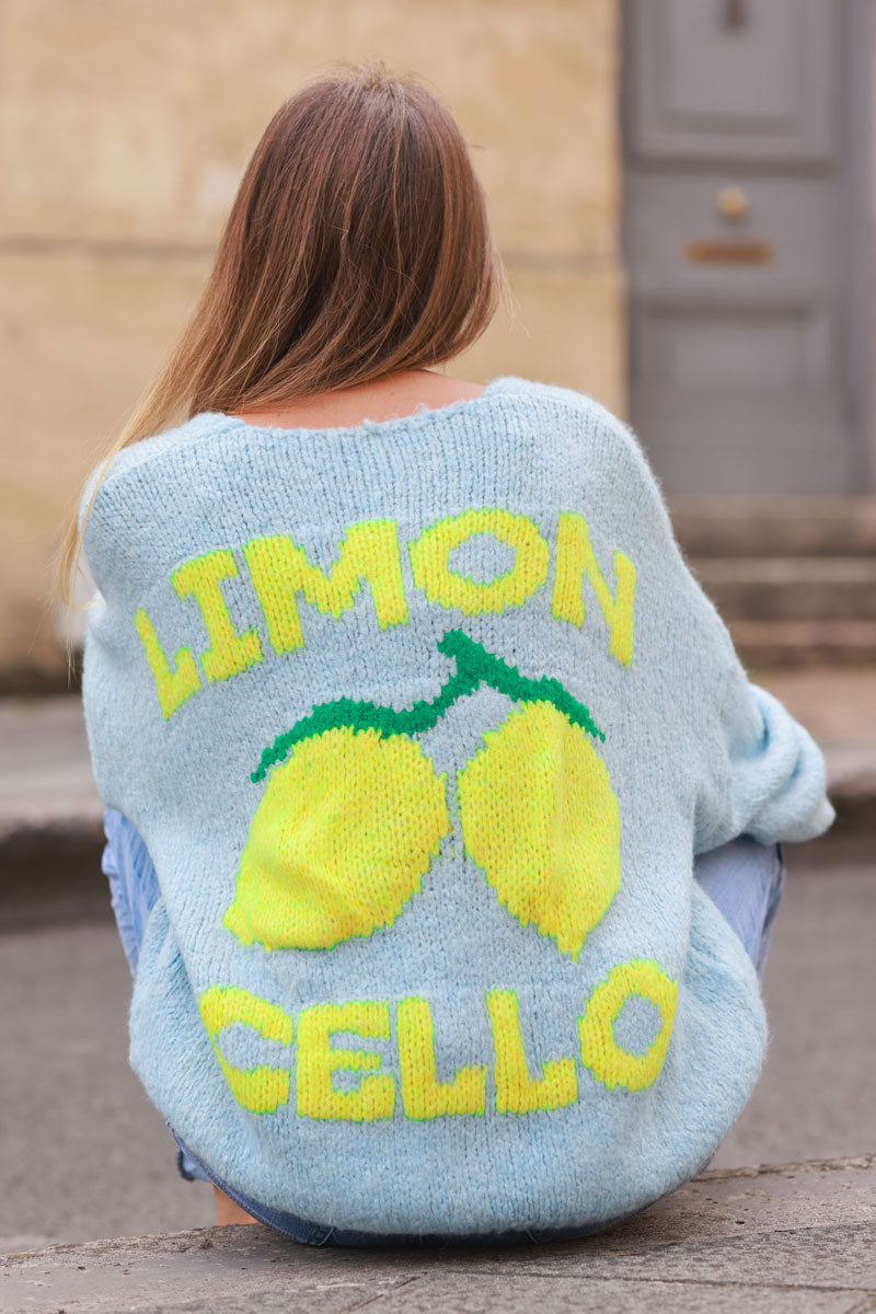 Sky blue chunky knit cardigan with lemon 'limoncello' back pattern