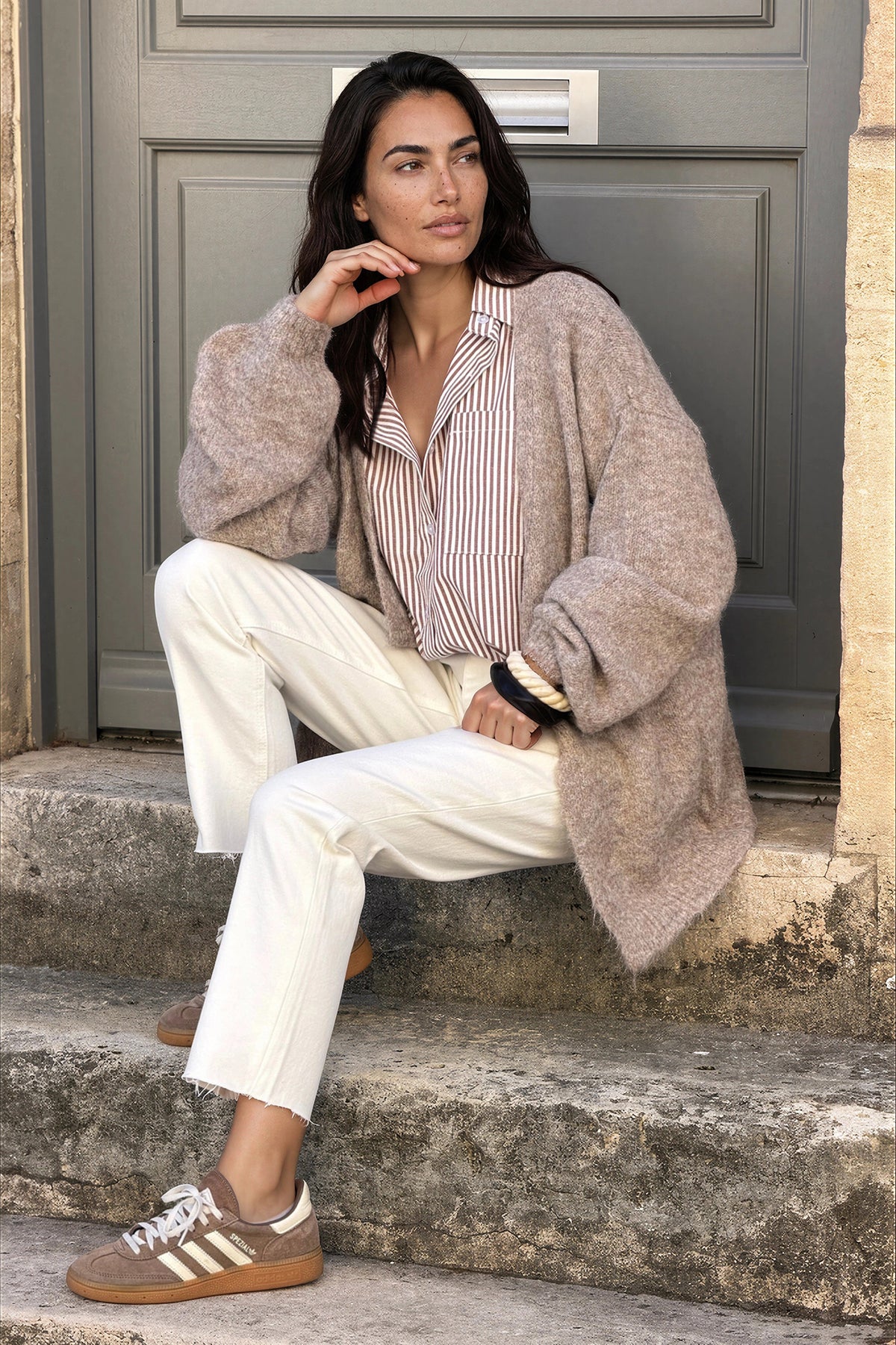 Taupe Fuzzy Knit Open Front Cardigan