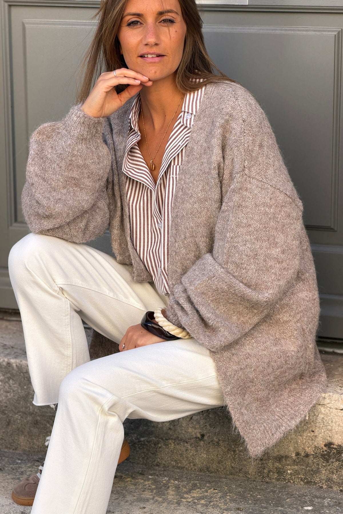 Taupe Fuzzy Knit Open Front Cardigan