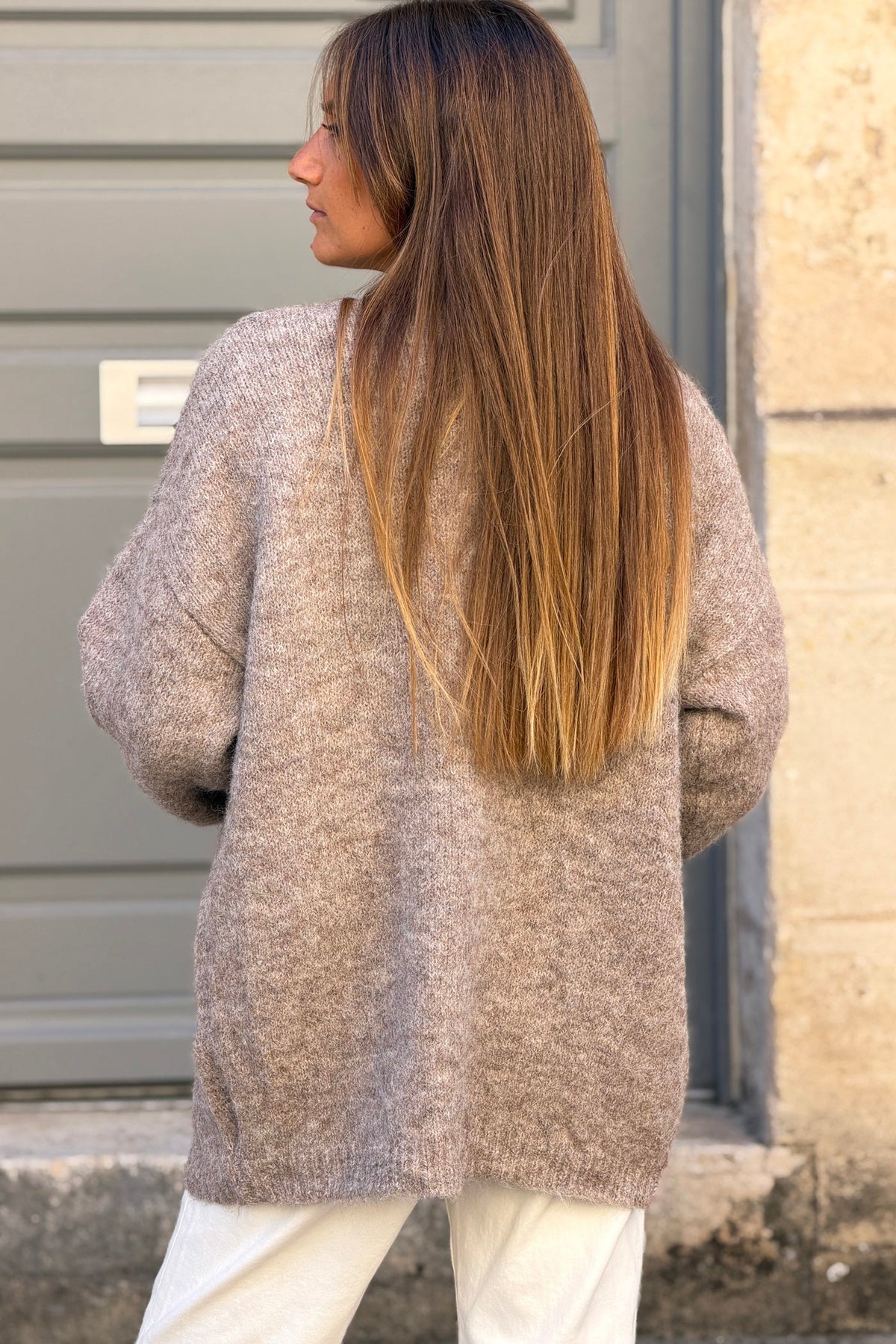 Taupe Fuzzy Knit Open Front Cardigan