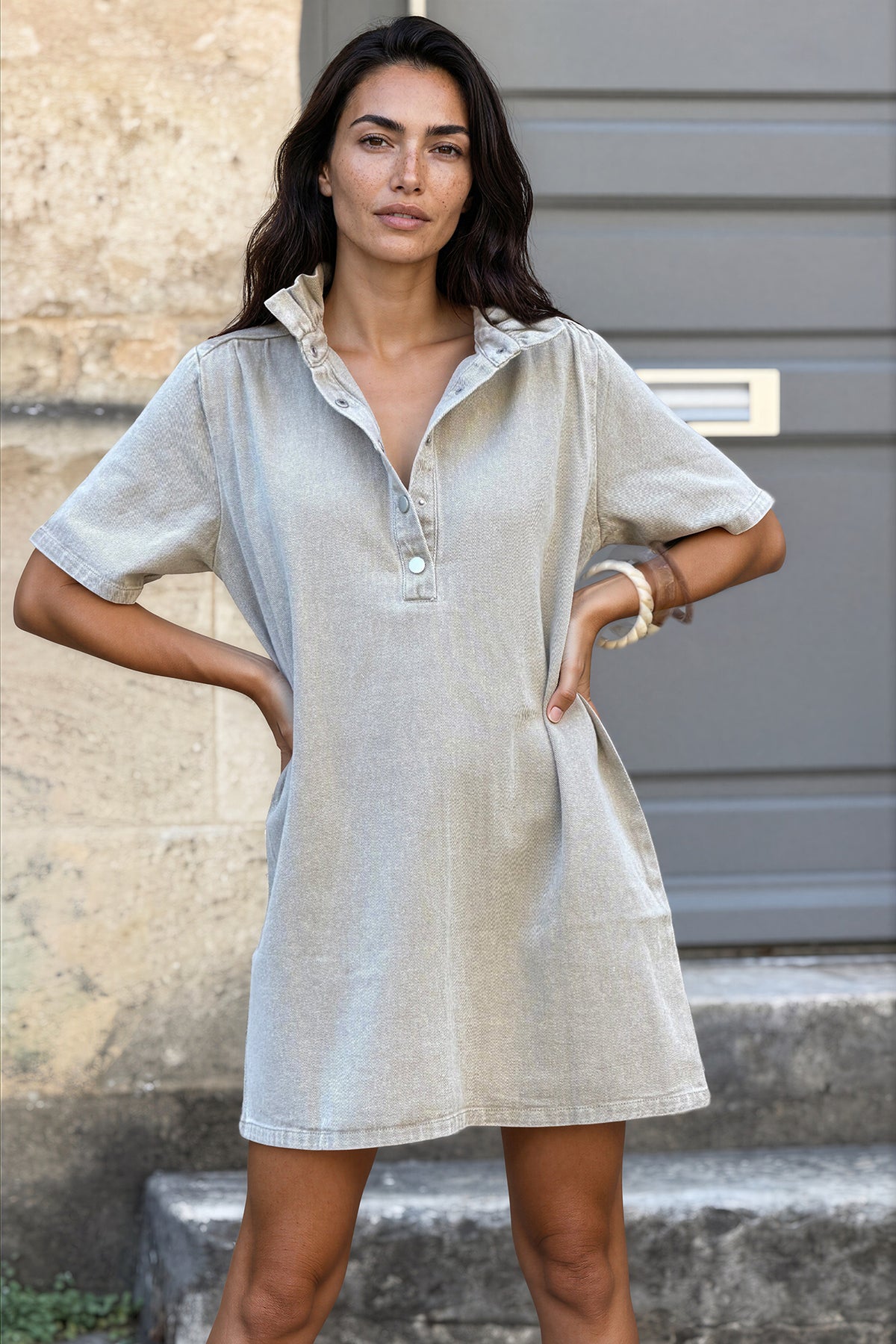 Taupe Ruff Collar Short Sleeve Denim Dress
