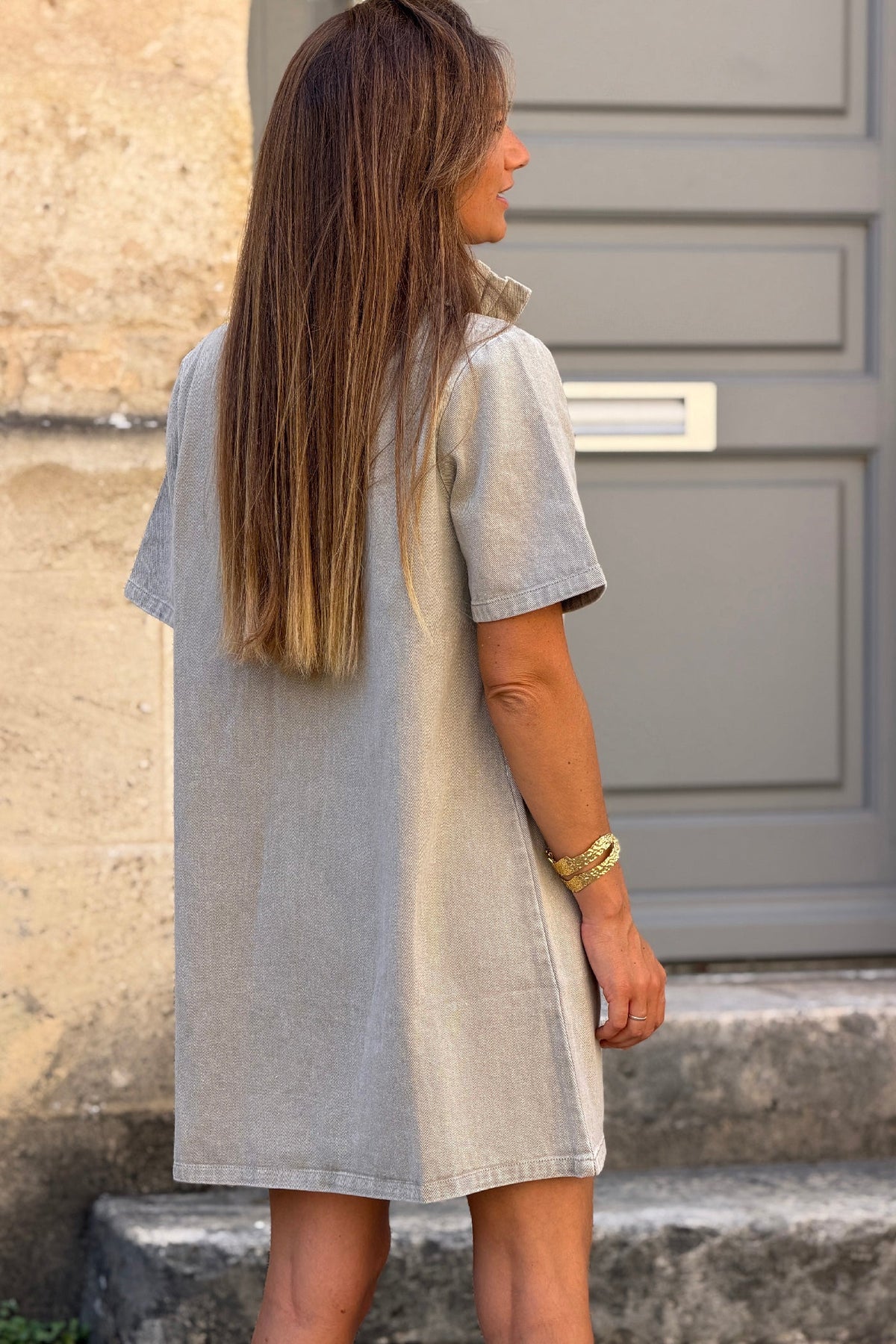 Taupe Ruff Collar Short Sleeve Denim Dress