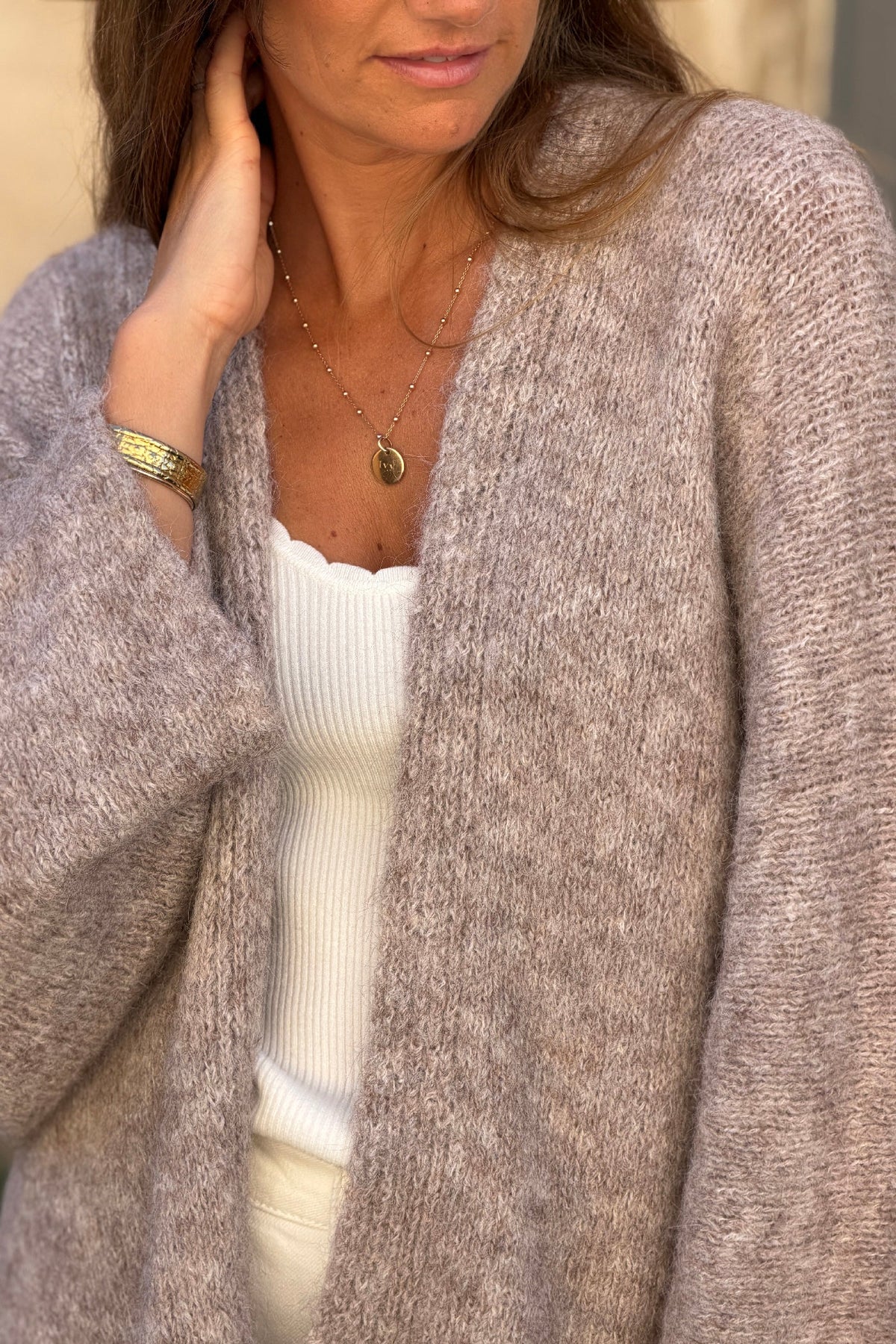 Taupe Wool Blend Bell Sleeve Knit Cardigan