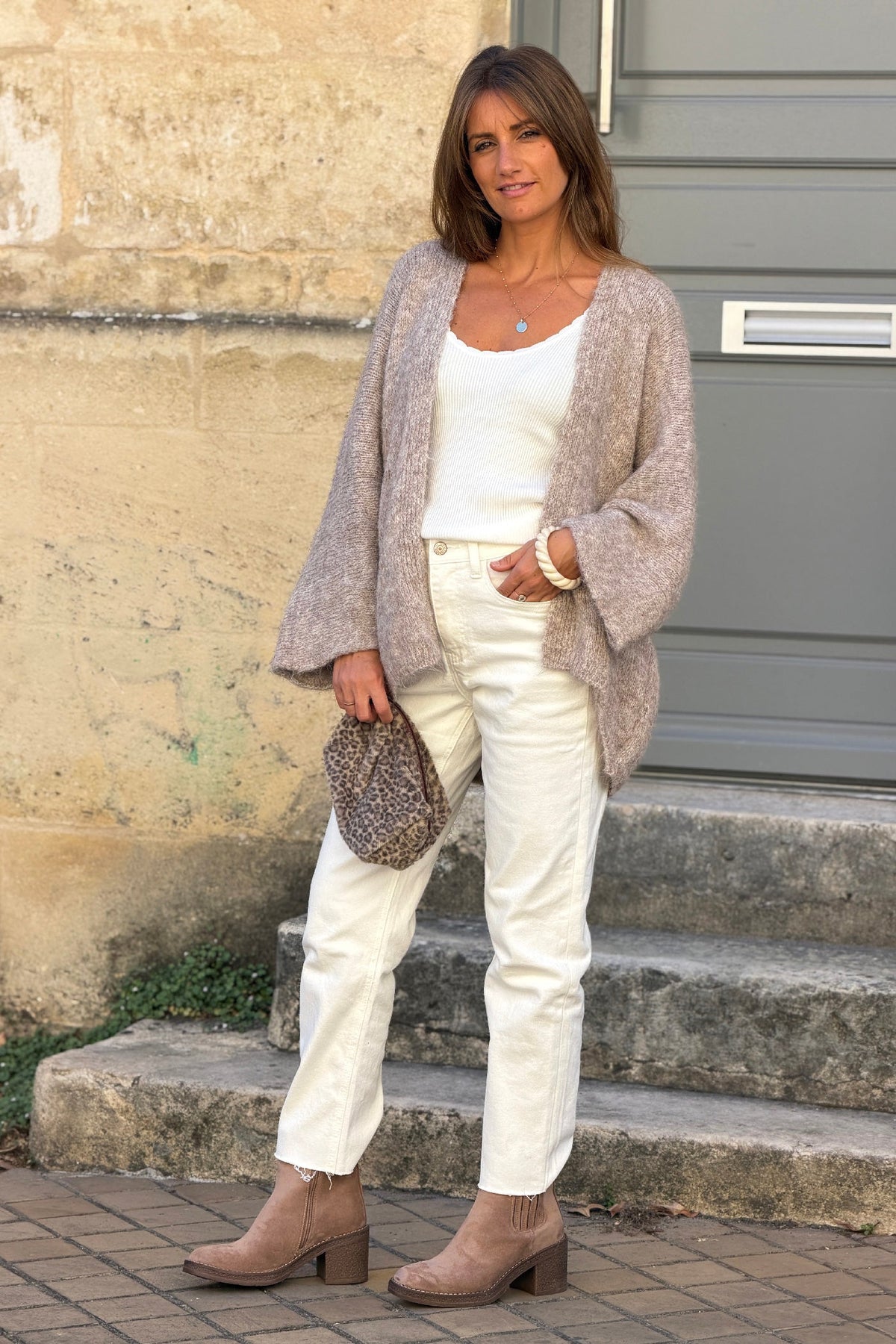 Taupe Wool Blend Bell Sleeve Knit Cardigan
