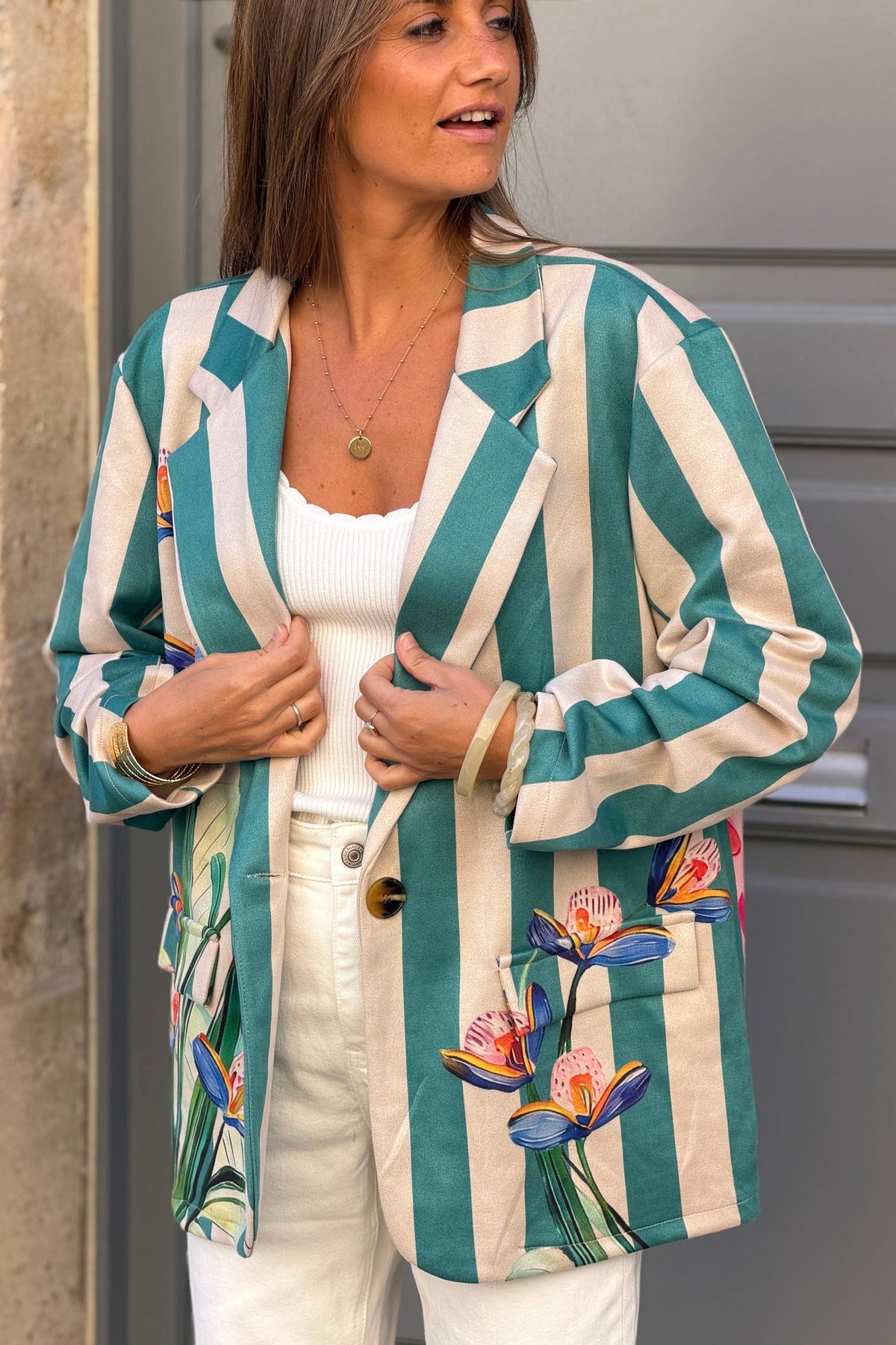 Teal Painterly Stripe Suedette Blazer