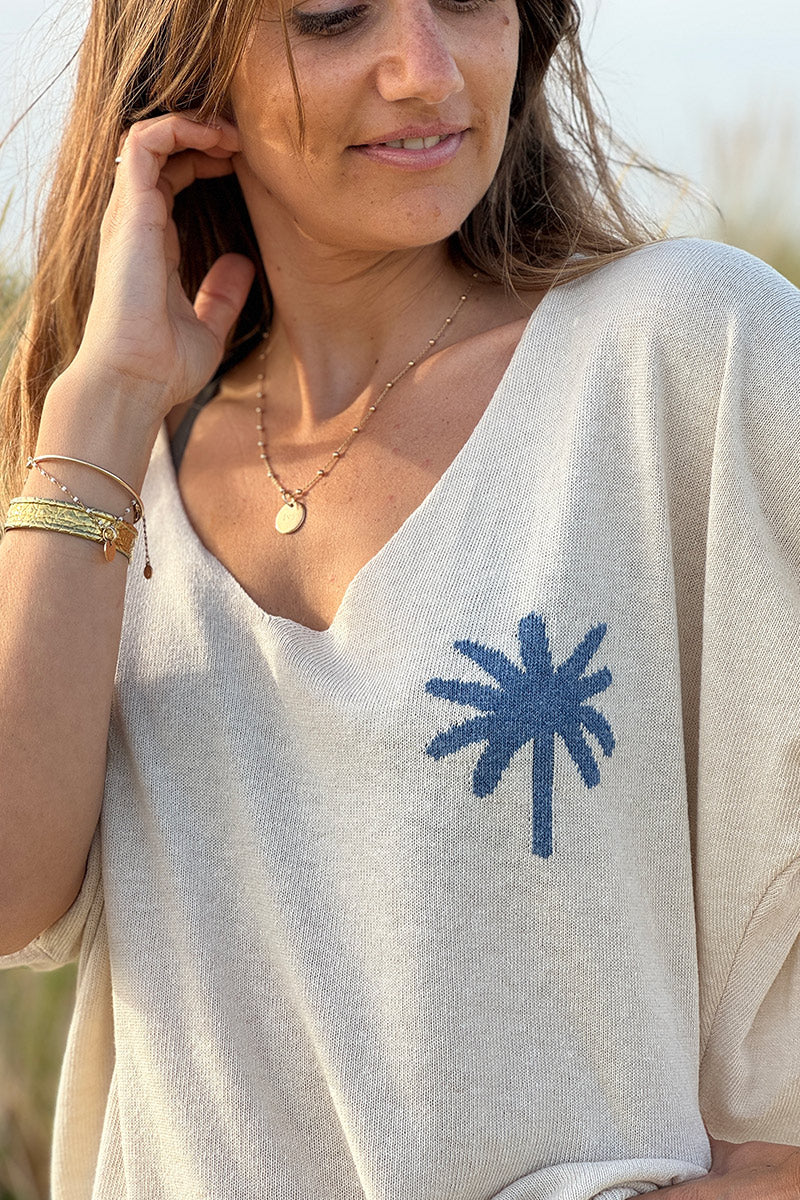 Navy Blue Palm Intarsia Knit Top