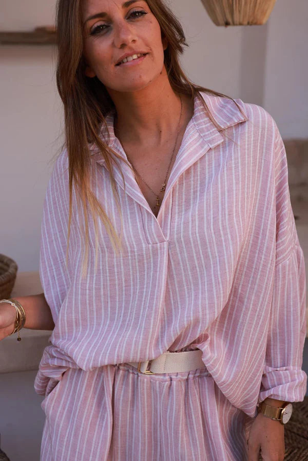 Light Pink Pinstripe Woven Split Neck Tunic