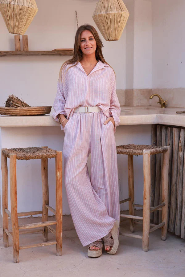 Light Pink Pinstripe Woven Split Neck Tunic