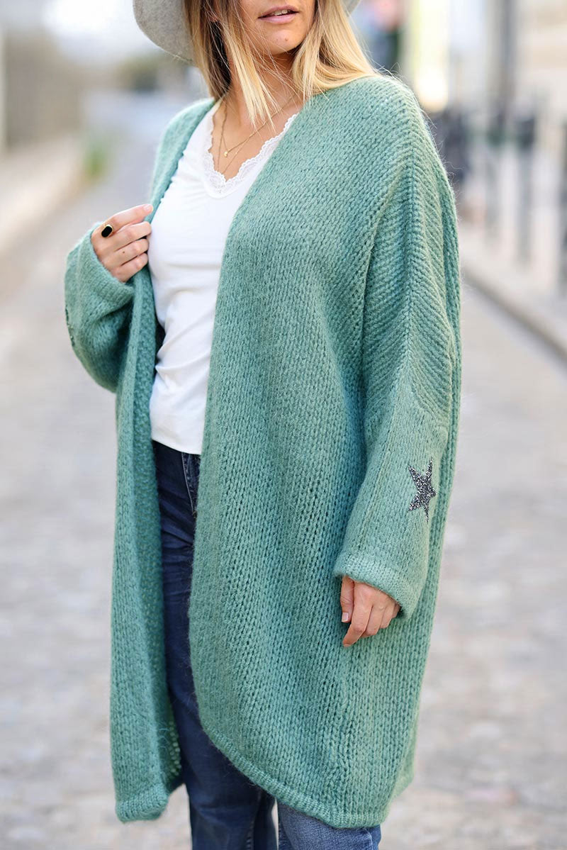 Water green Drop-Sleeve Knit Duster with Star Studded Cuffs