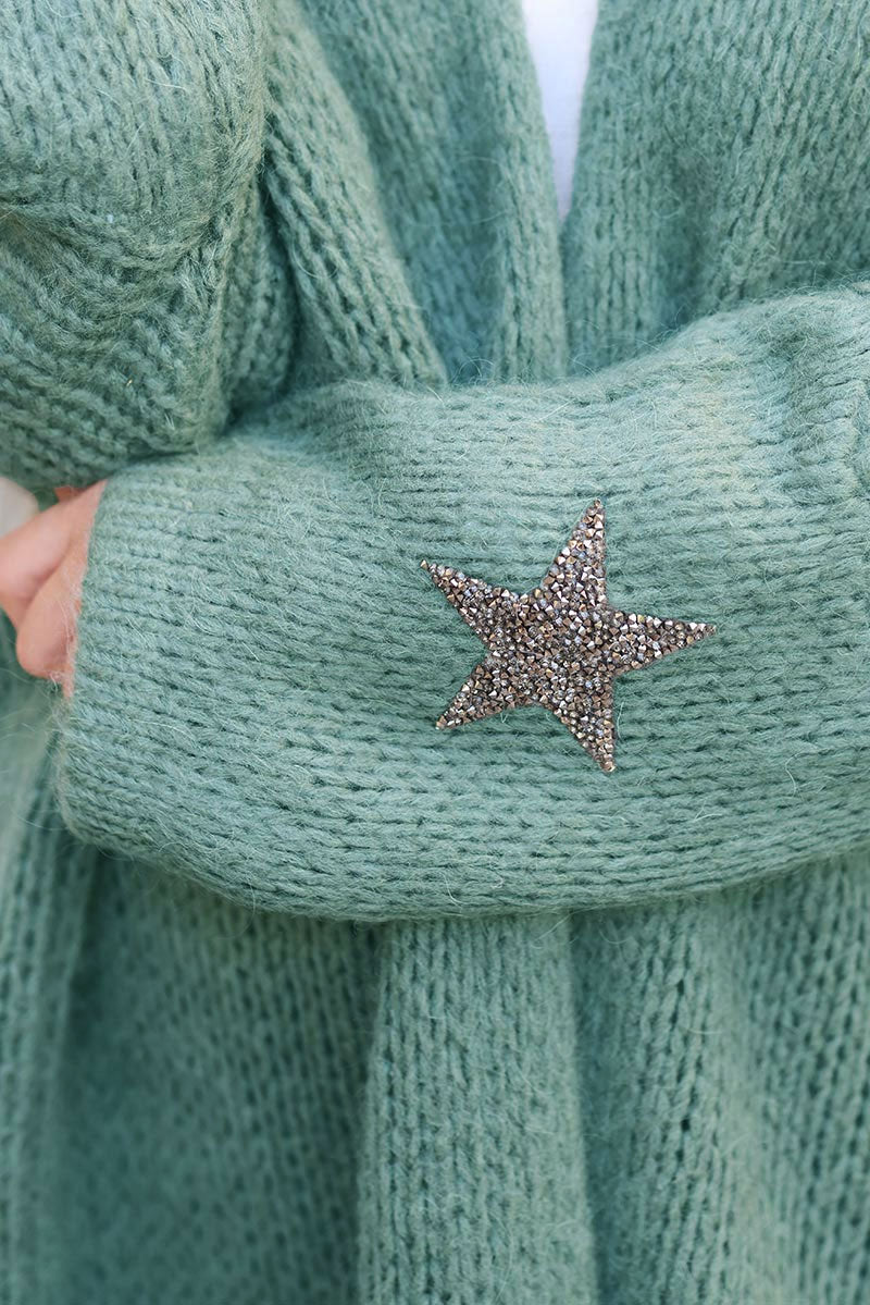 Water green Drop-Sleeve Knit Duster with Star Studded Cuffs