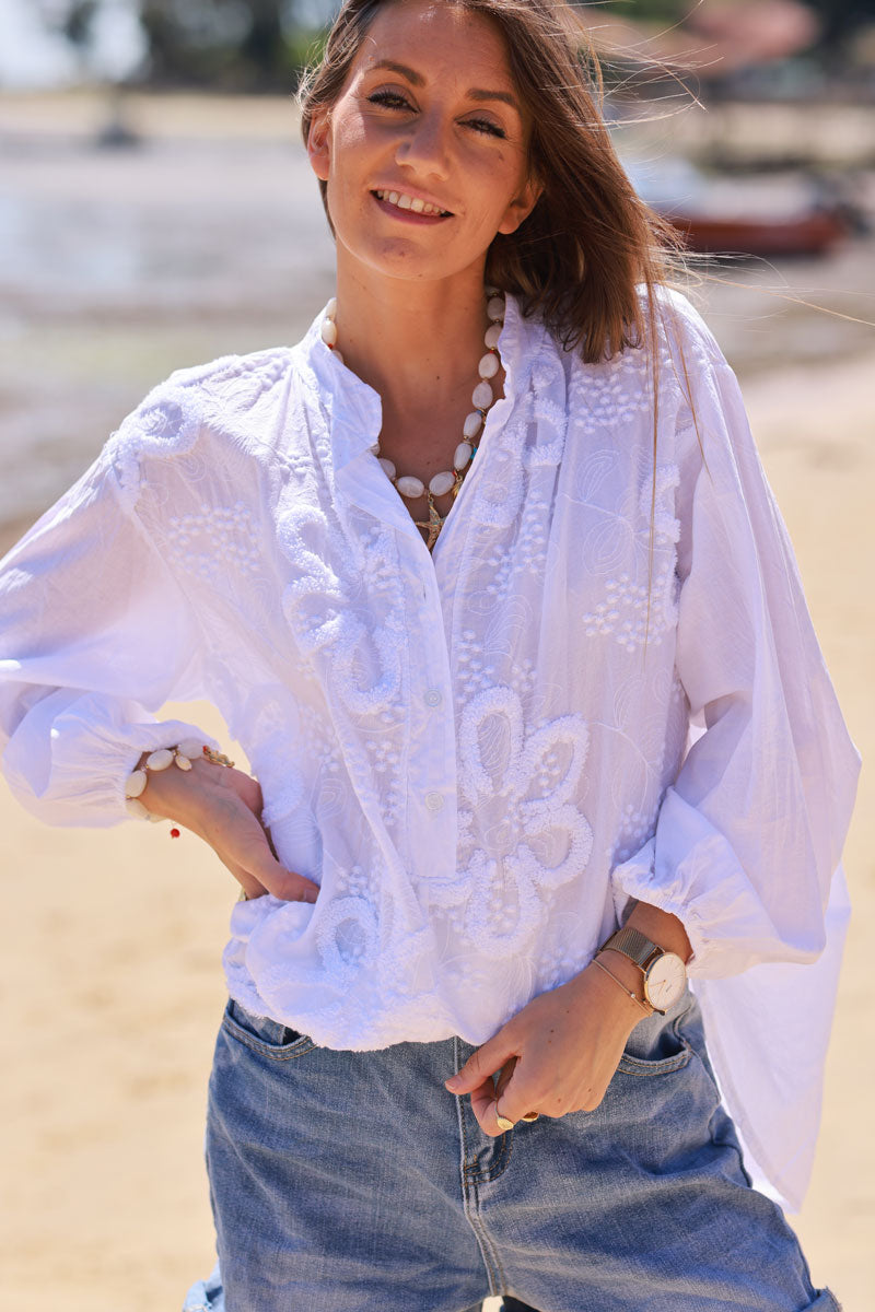 White Gauze Boucle Embroidered Blouse