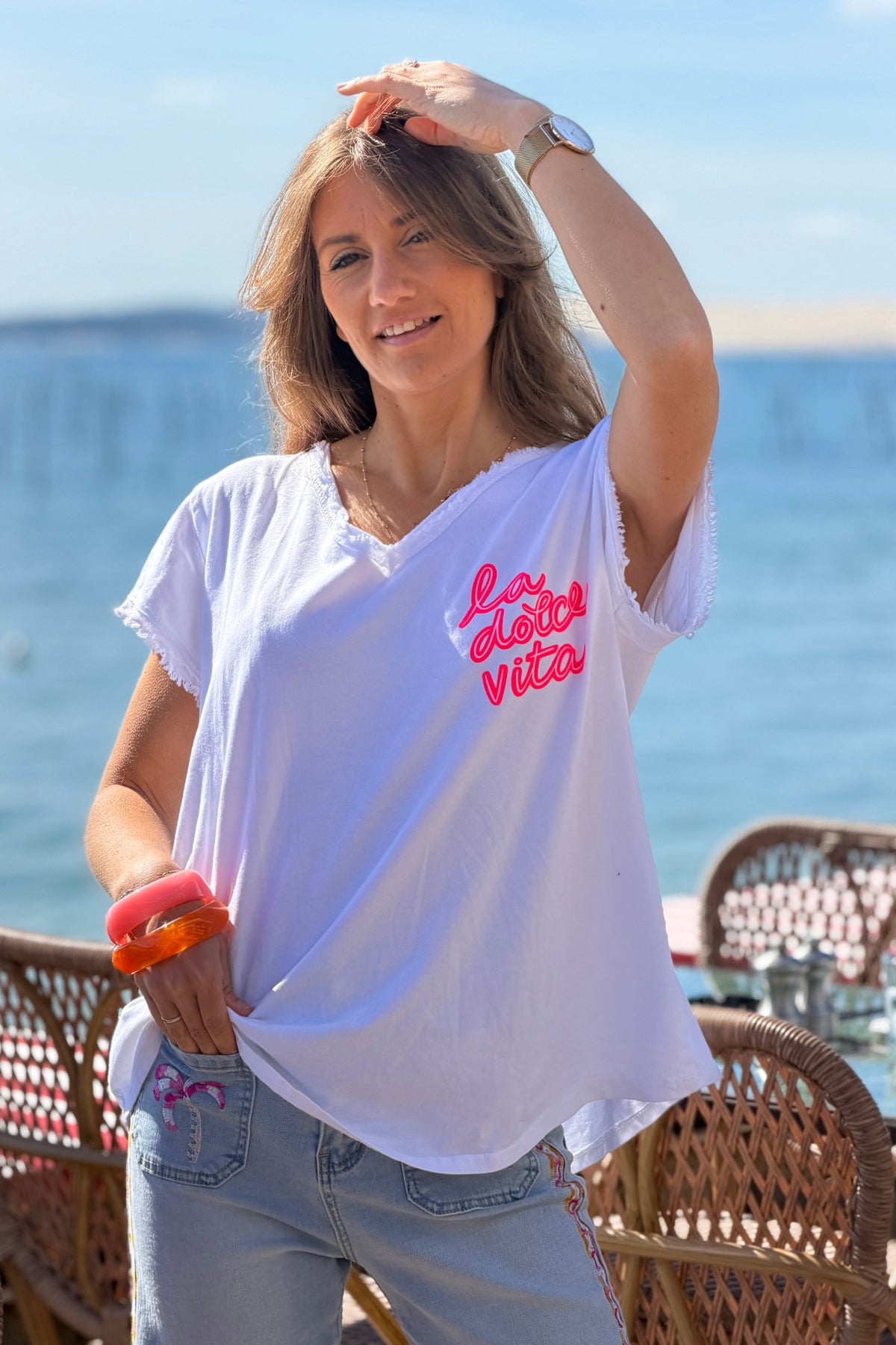 White La Dolce Vita Raw Hem Tee
