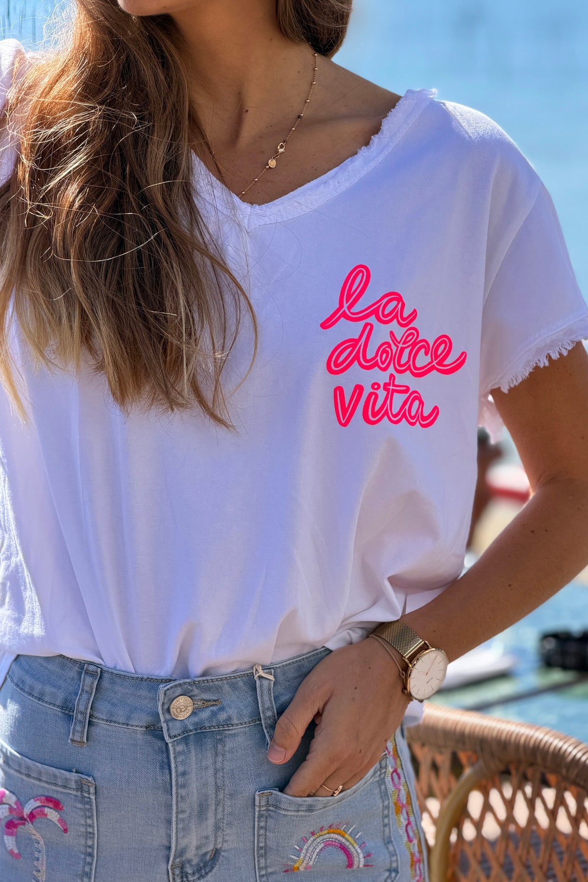 White La Dolce Vita Raw Hem Tee