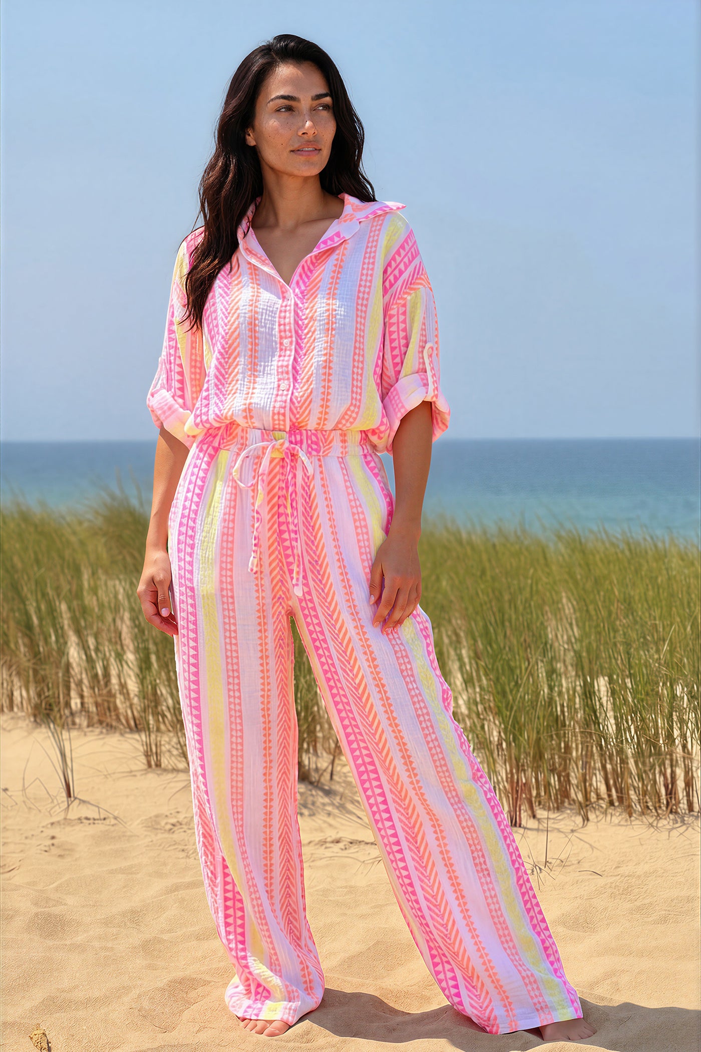White Gauze Neon Stripe Button-Down Blouse