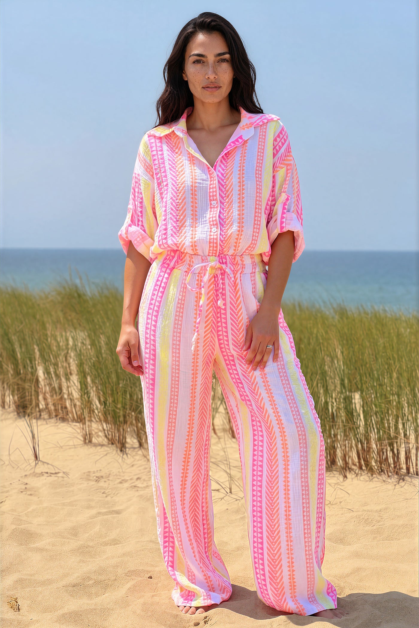White Gauze Neon Stripe Button-Down Blouse