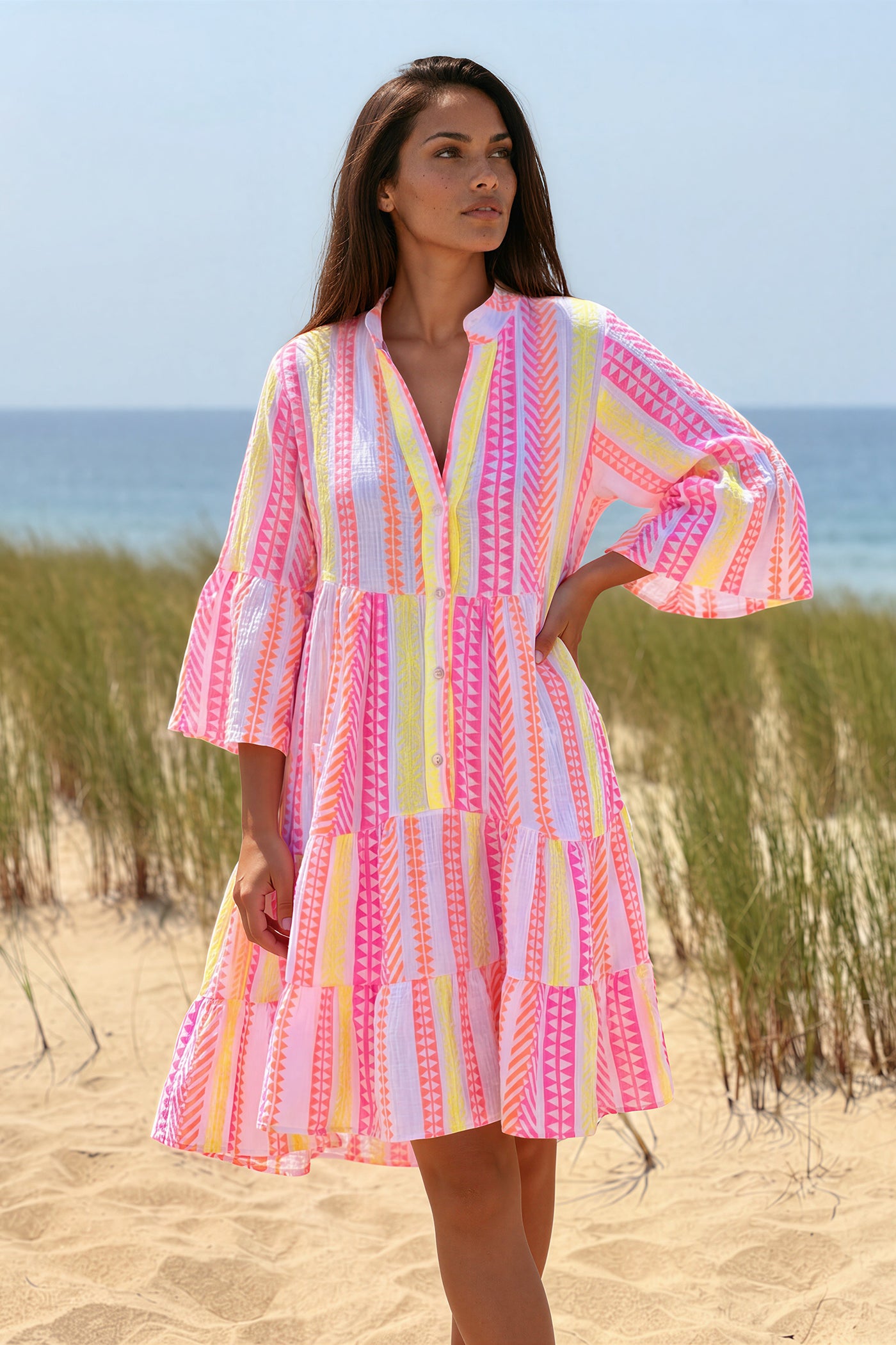 White Gauze Neon Stripe Tunic Dress