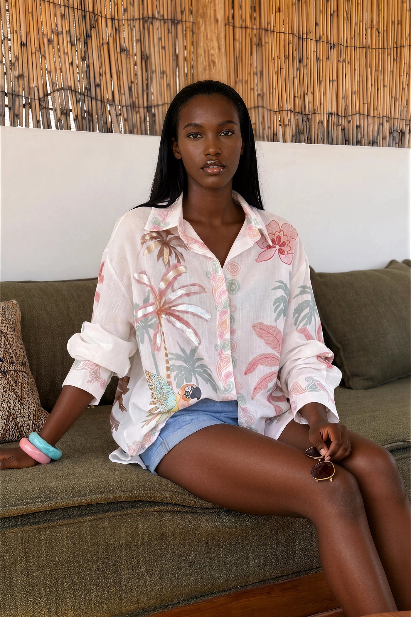 White Linen Tropical Dreams Button-Down Blouse