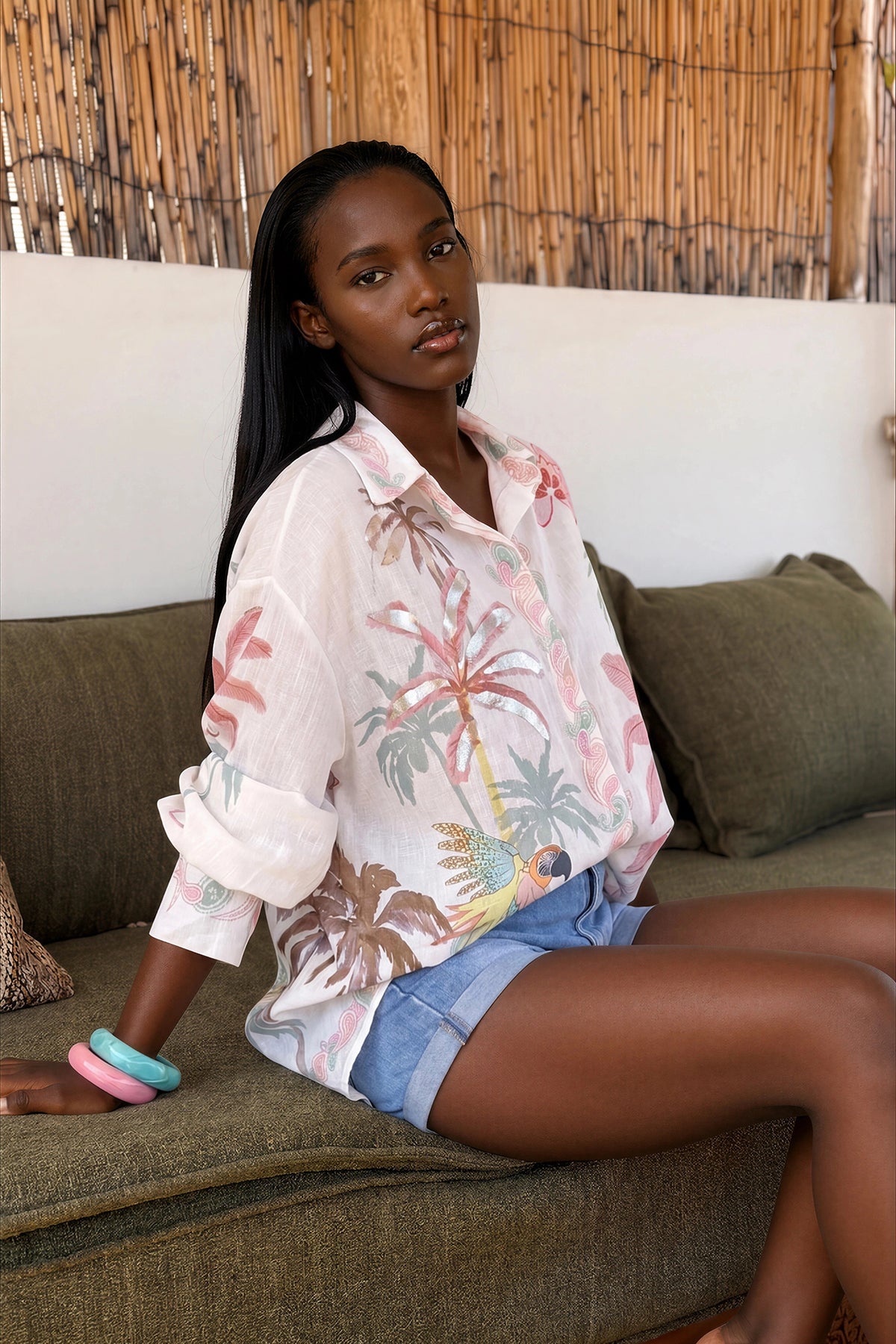 White Linen Tropical Dreams Button-Down Blouse