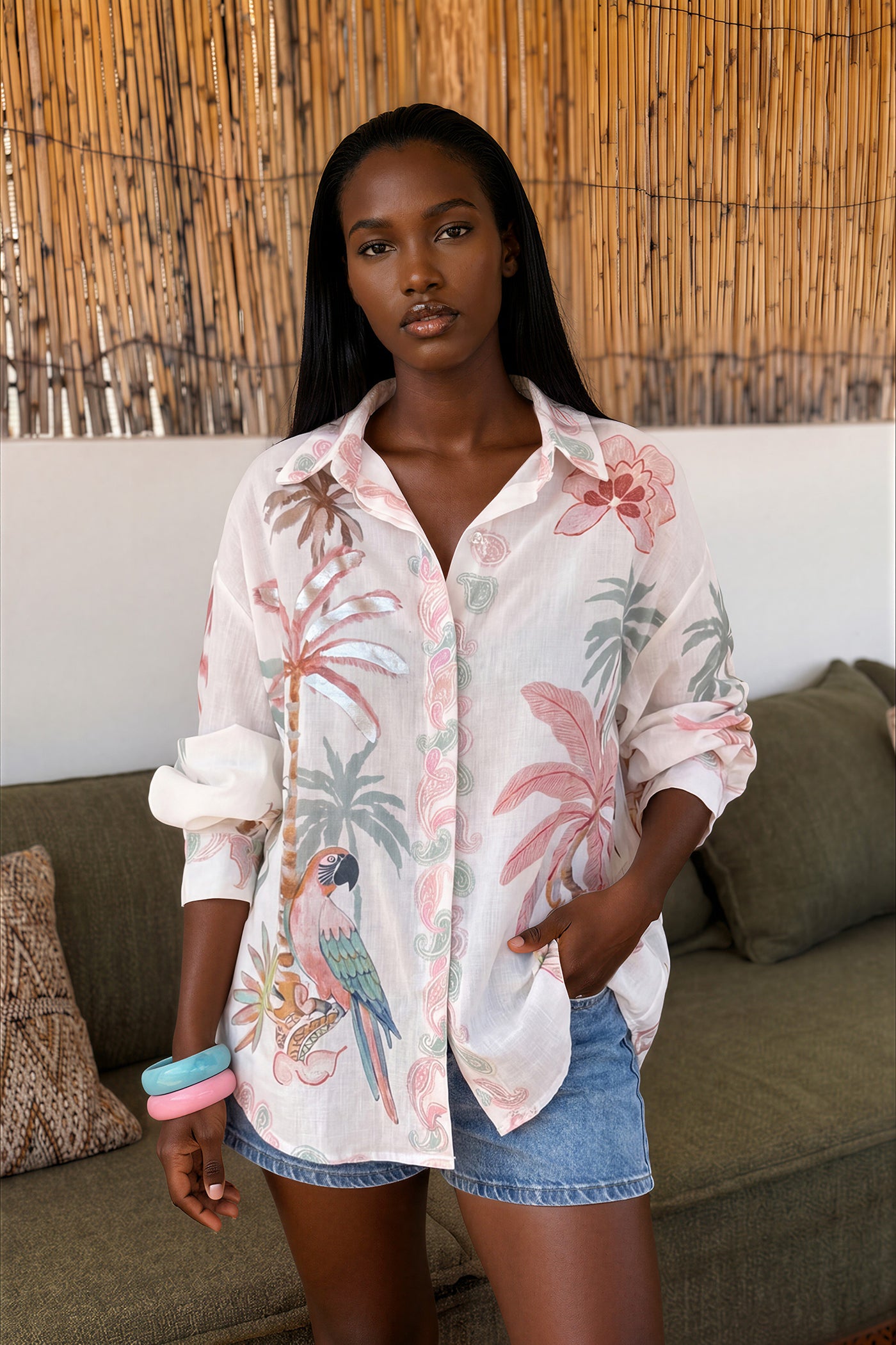 White Linen Tropical Dreams Button-Down Blouse