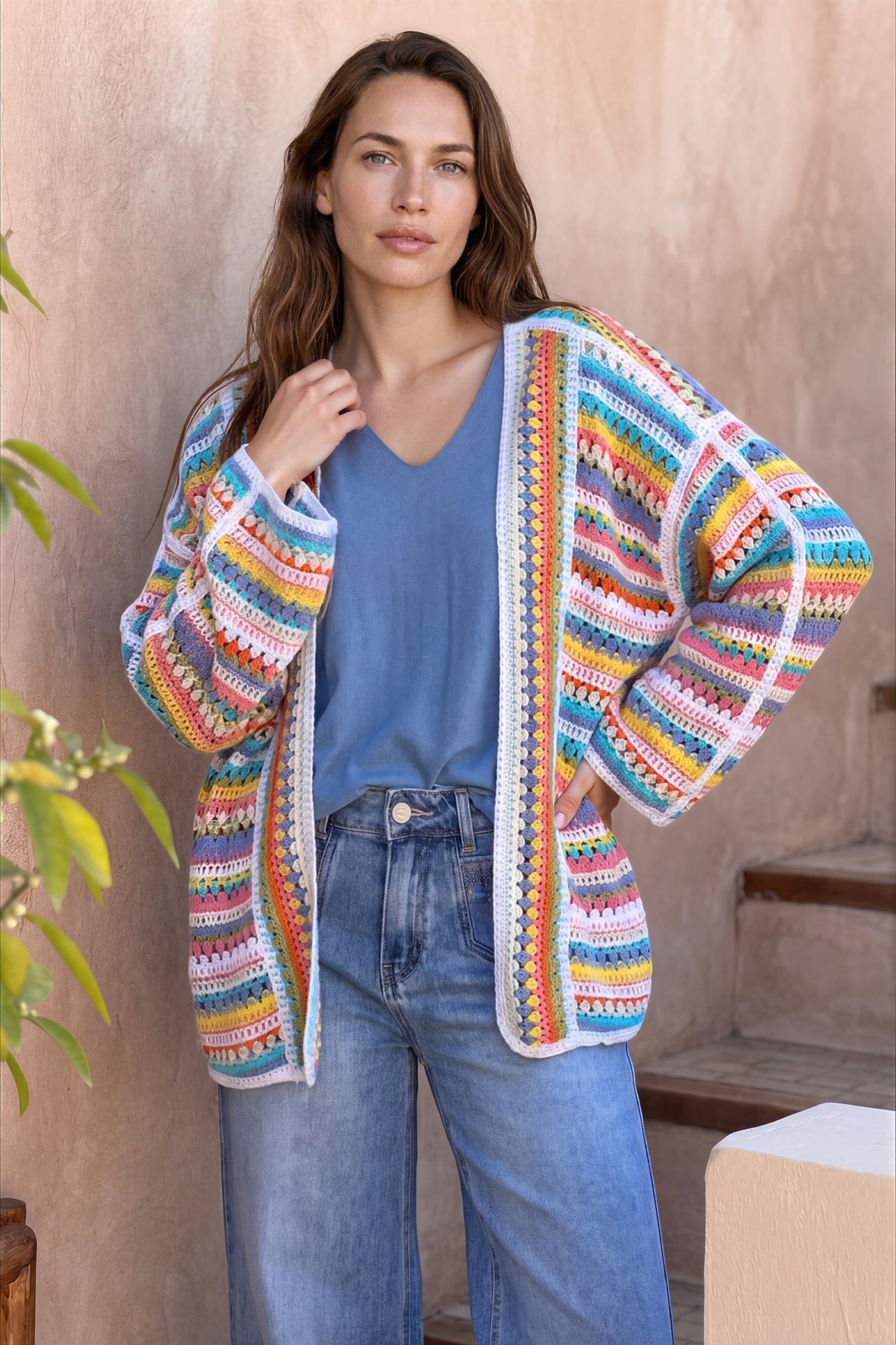 White Rainbow Summer Stripes Crochet Cardigan